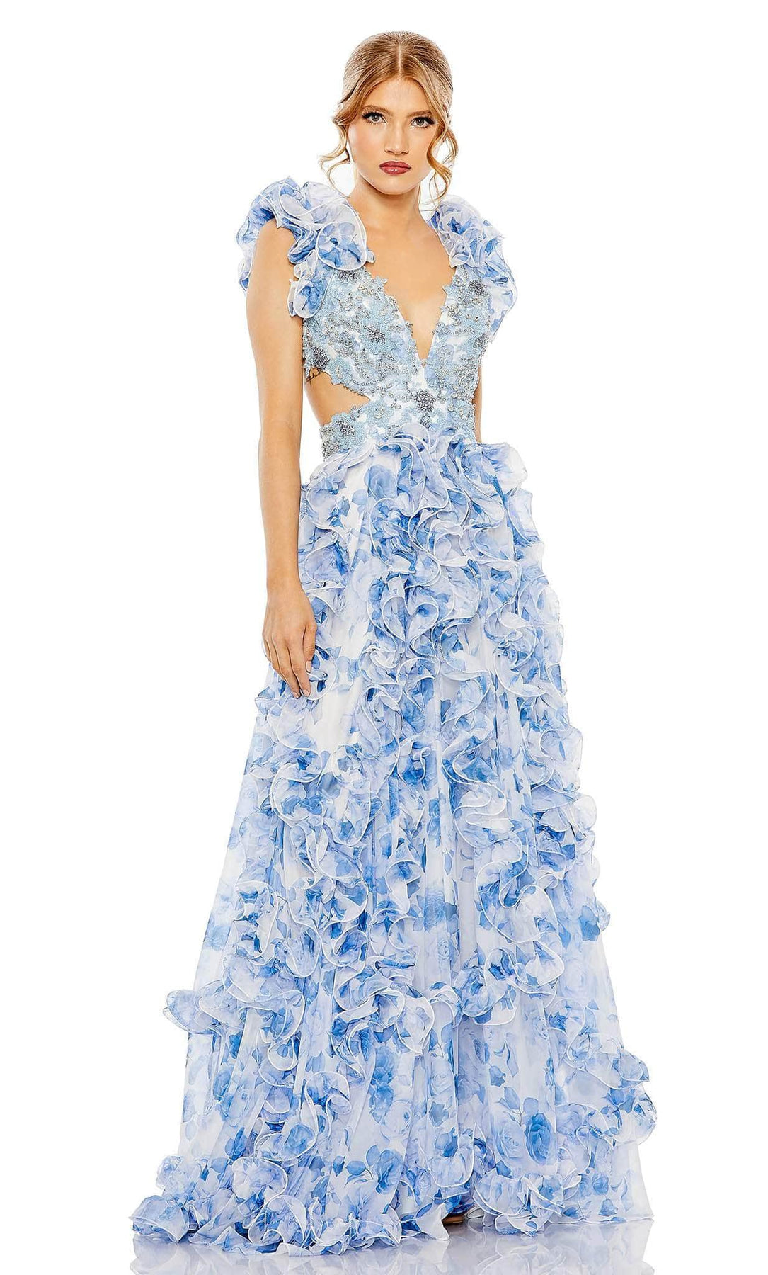 Mac Duggal 2220 Long A-Line Dress Ruffles, Beads, Floral