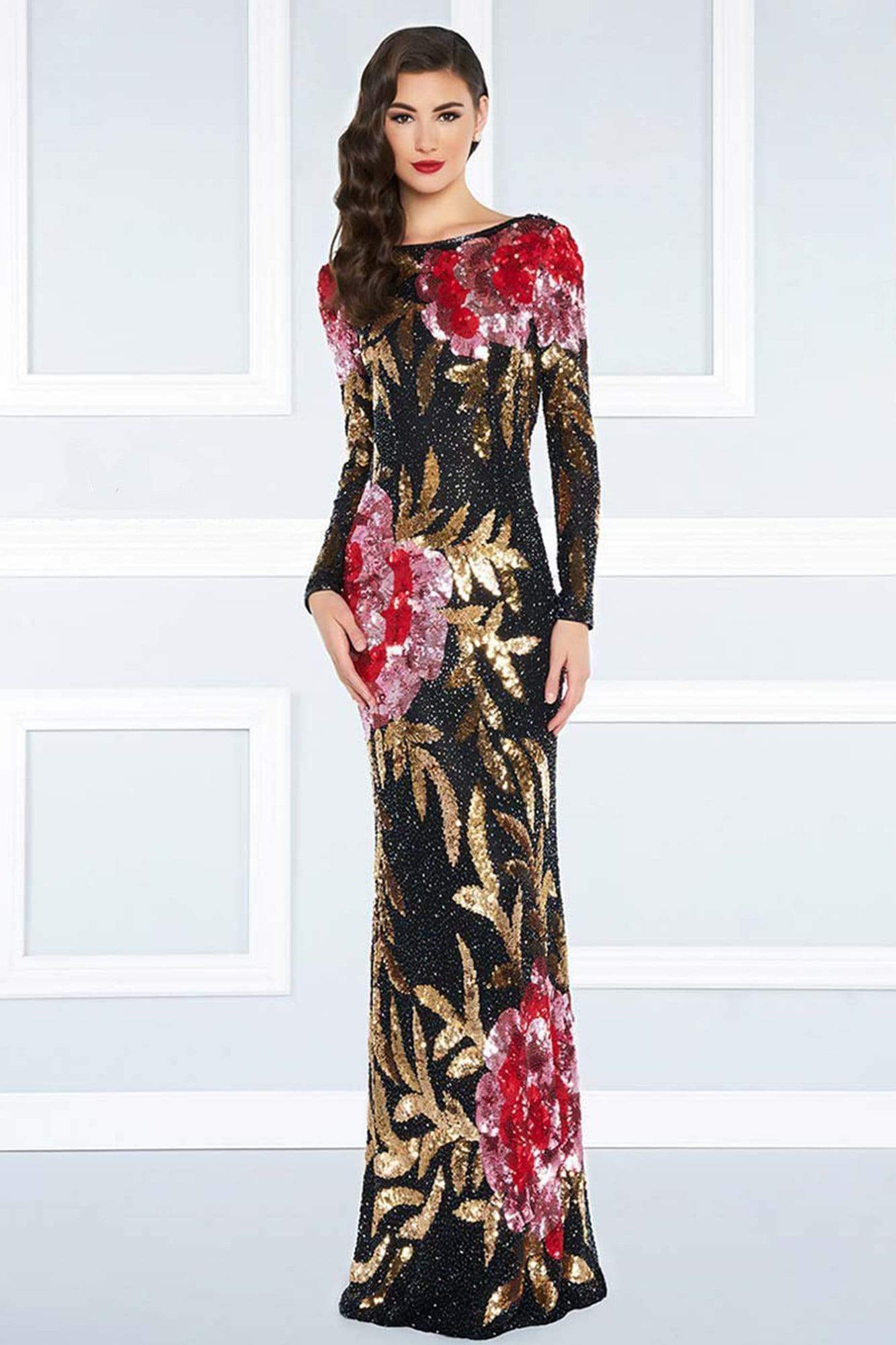 Mac Duggal - 4566R Bateau Multi-Color Long Dress Evening Dresses 0 / Black Red Multi