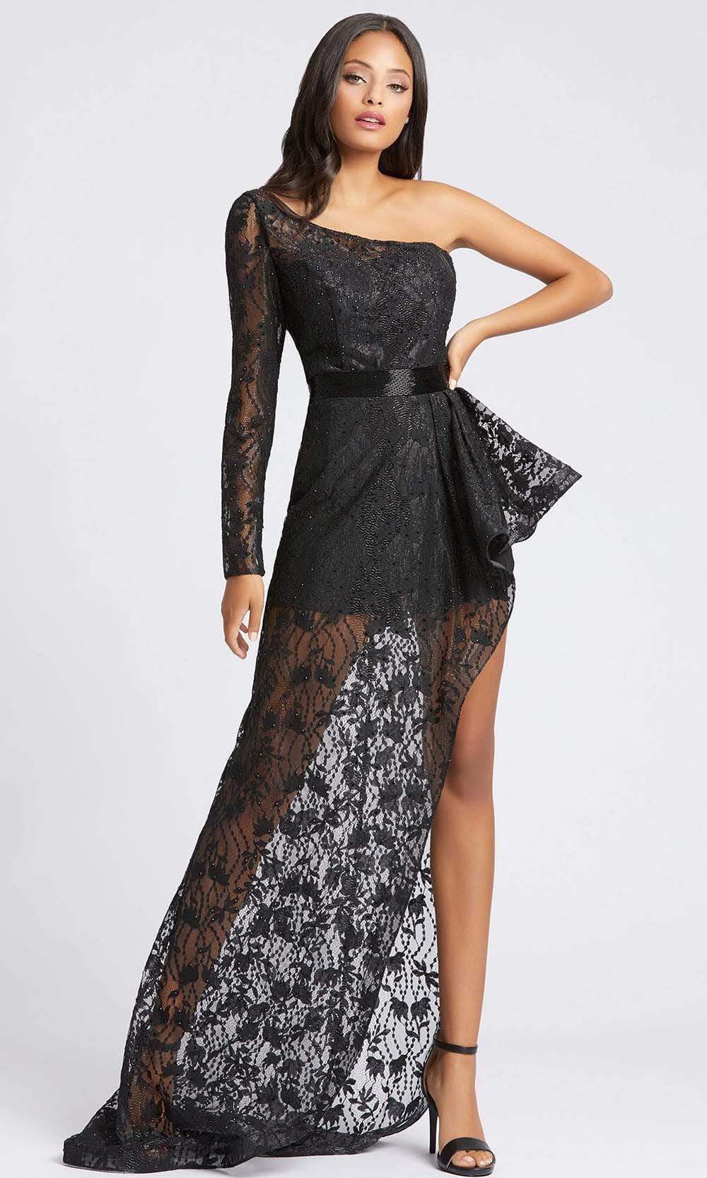Mac Duggal - 48897 Peplum Accent High Slit Lace Dress Evening Dresses 0 / Black