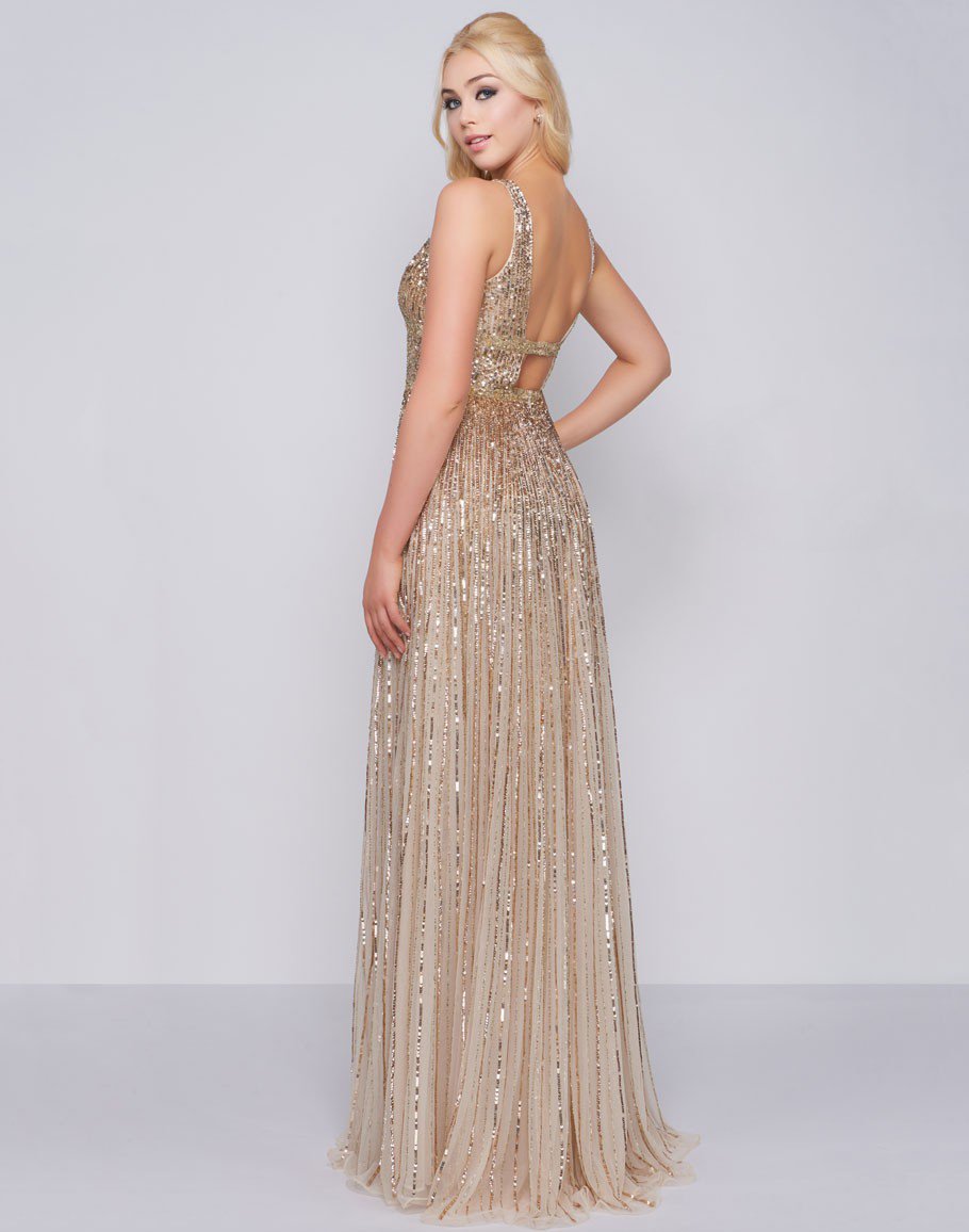 Mac Duggal - Glimmering Sequin Embellished A-Line Prom Gown 4906M In Gold and Neutral