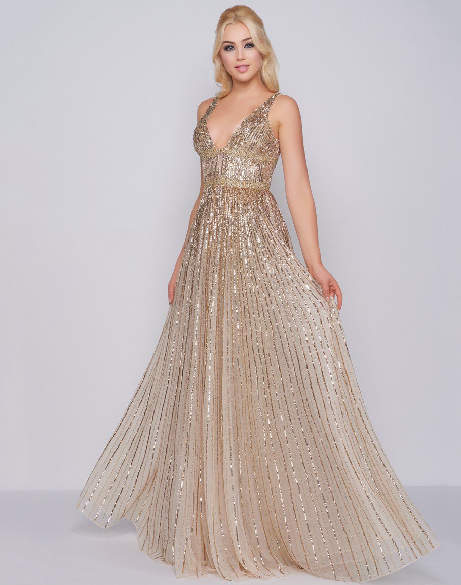Mac Duggal - Glimmering Sequin Embellished A-Line Prom Gown 4906M In Gold and Neutral