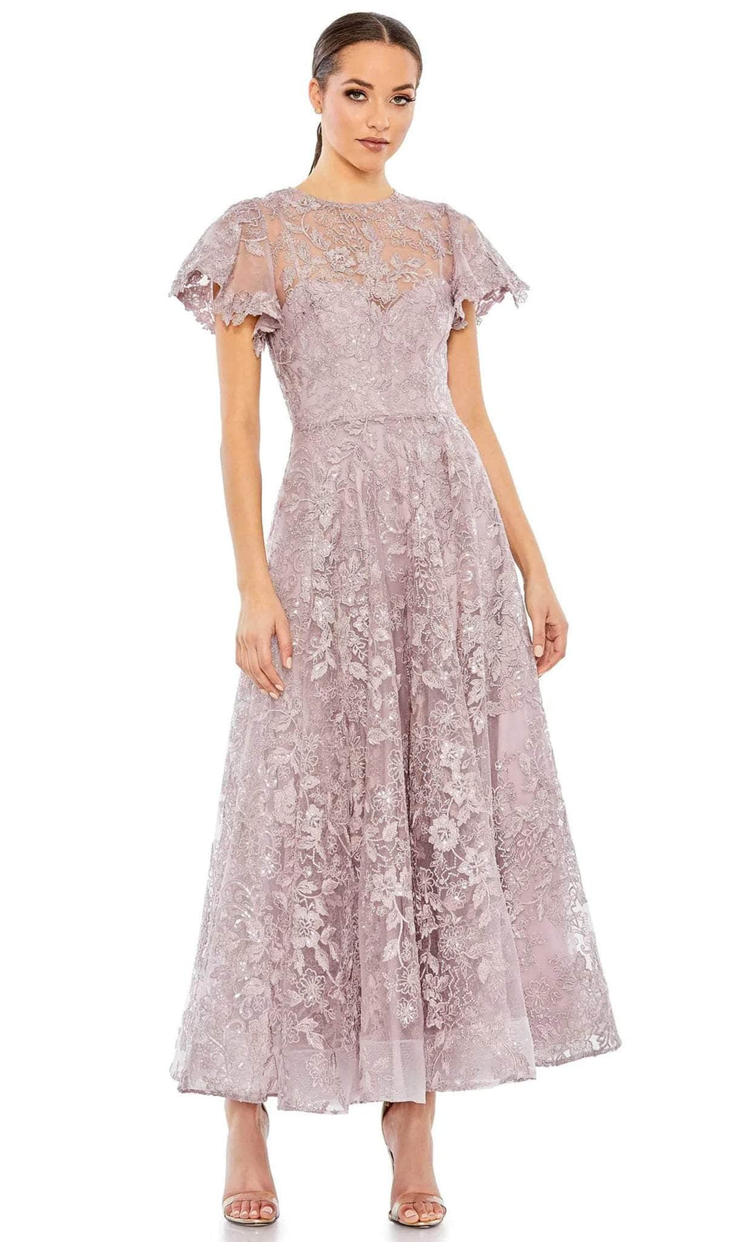 Mac Duggal 50665 - Tea Length A-Line Dress - Short Flutter Sleeve, Sheer Bodice, Sequin, Floral Lace Embroidery, Full Back, Back Zipper ADASA Mac Duggal 50665 - Tea Length A-Line Dress - Short Flutter Sleeve, Sheer Bodice, Sequin, Floral Lace Embroidery, Full Back, Back Zipper ADASA