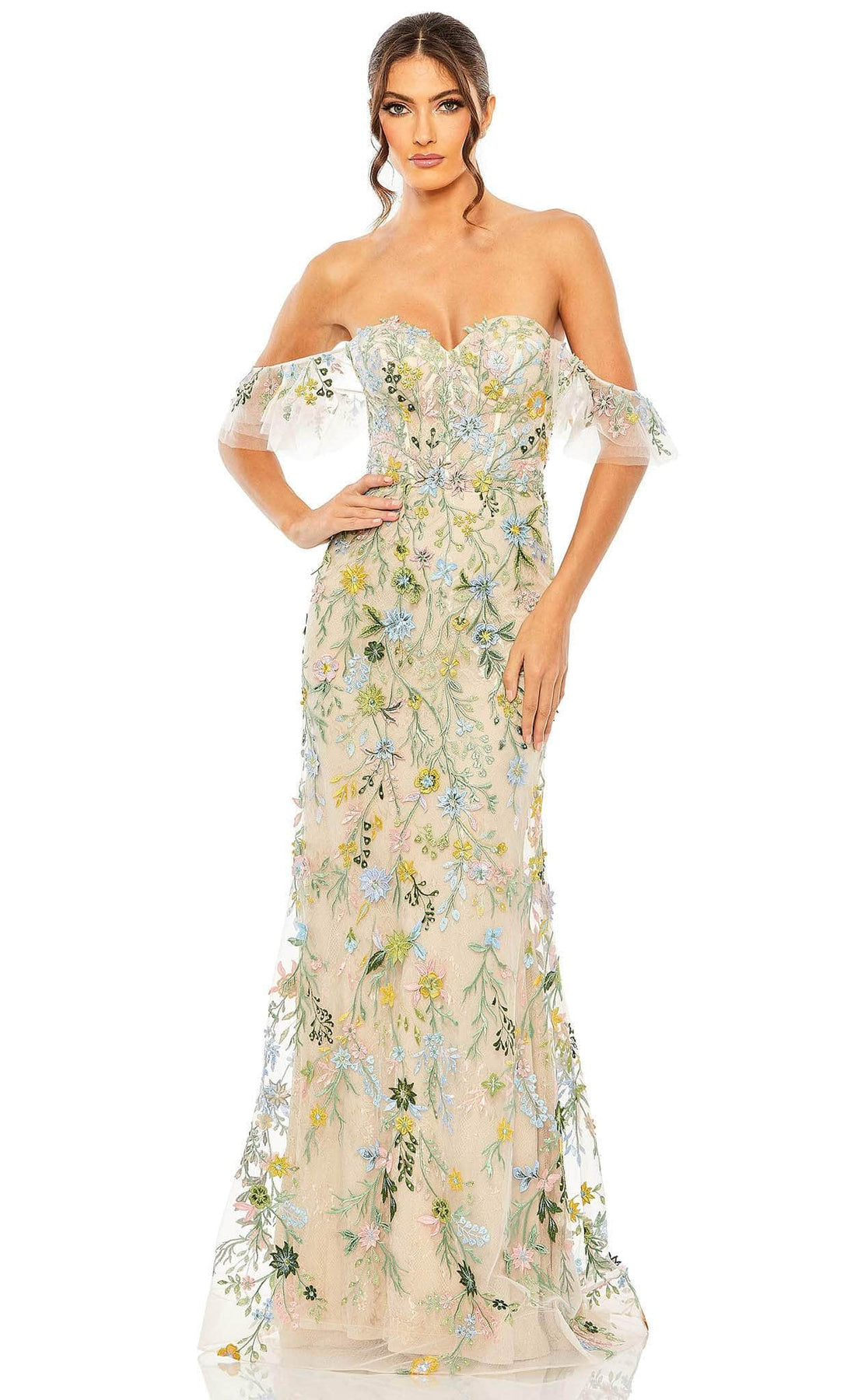 Mac Duggal 50713 - Embroidered Off Shoulder Formal Dress Formal Gowns 0 / Pastel Multi