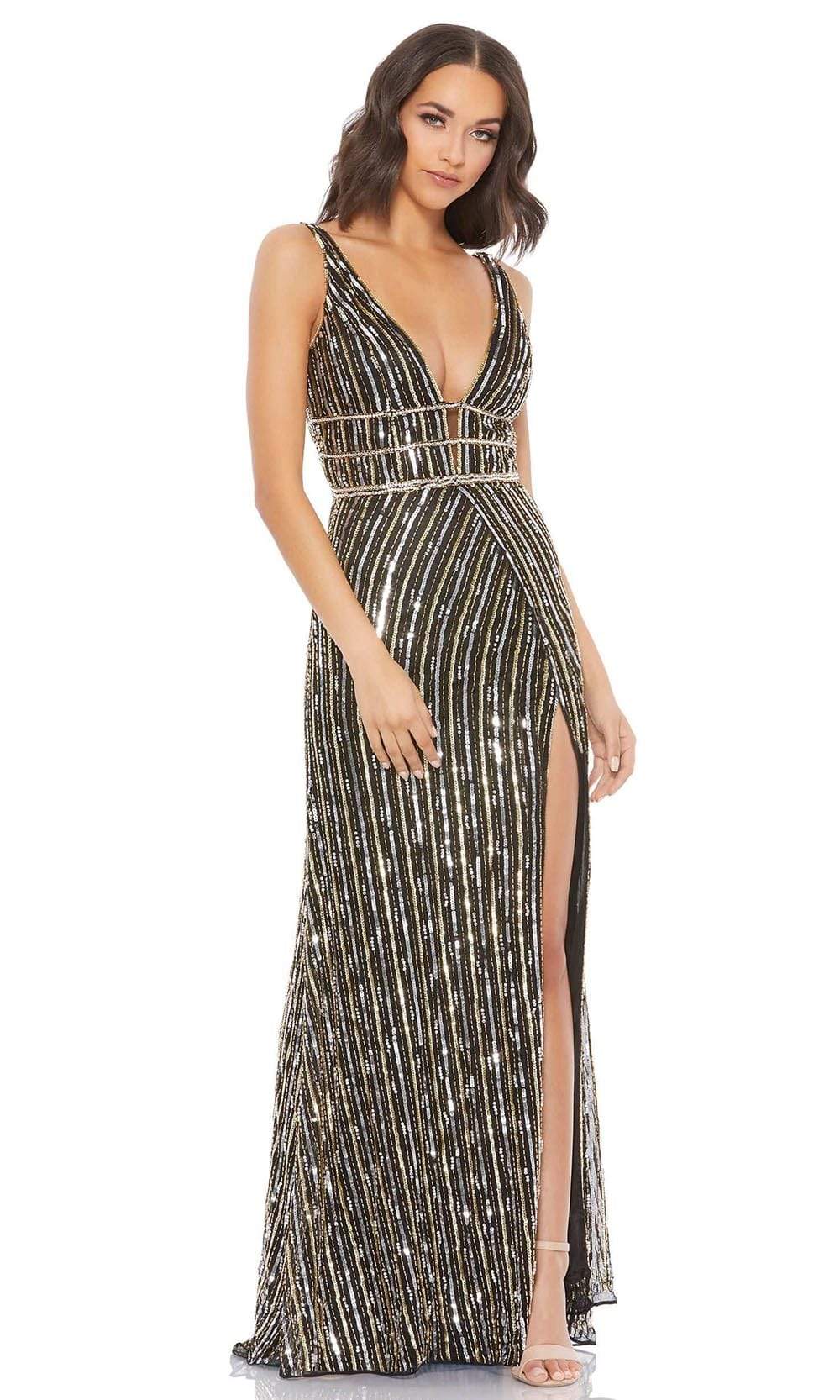 Mac Duggal - 5232 Sequin-Stripe High Slit Dress Evening Dresses 0 / Black / Gold