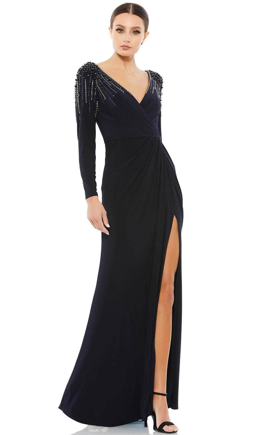 Mac Duggal 55715 - Long Sleeved Embellished Shoulders Jersey Dress Special Occasion Dress 4 / MIDNIGHT