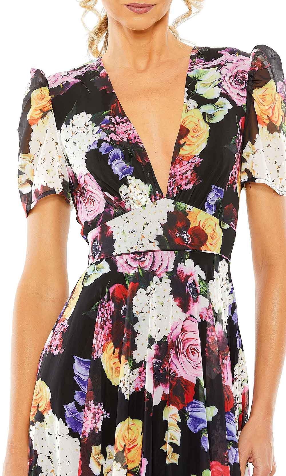 Mac Duggal 55933 - Long Floral Printed Mesh A-Line Dress - Short Puff Sleeve, Floral Print, Wide Waistband, Full Back, Pleated, Full Length ADASA Mac Duggal 55933 - Long Floral Printed Mesh A-Line Dress - Short Puff Sleeve, Floral Print, Wide Waistband, Full Back, Pleated, Full Length ADASA