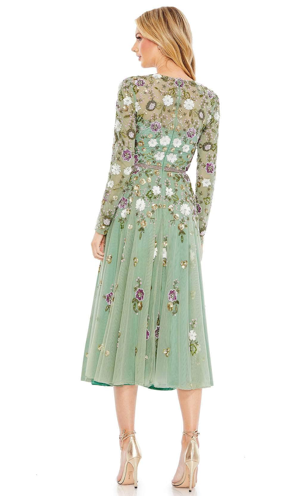Mac Duggal 5716 - Tea Length Floral Embellished Mesh A-Line Dress - Long Sleeve, Beaded, Sequin, Thin Waistband, Full Back, Concealed Back Zipper ADASA Mac Duggal 5716 - Tea Length Floral Embellished Mesh A-Line Dress - Long Sleeve, Beaded, Sequin, Thin Waistband, Full Back, Concealed Back Zipper ADASA