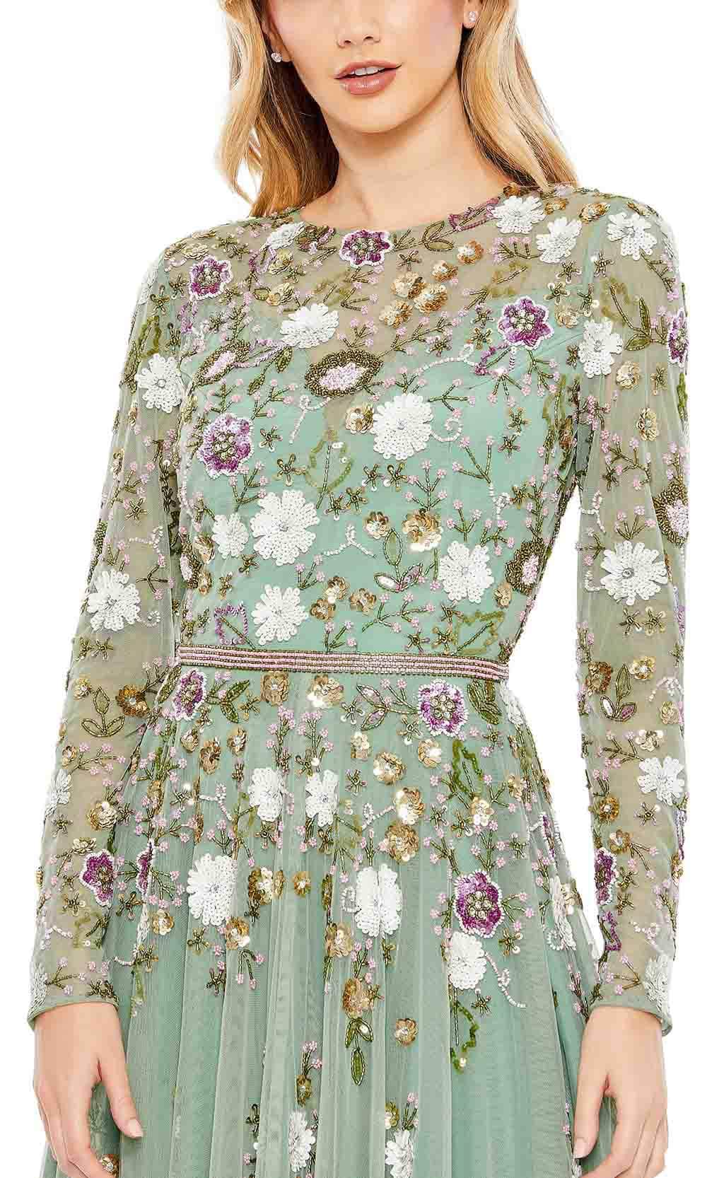Mac Duggal - Green Sequined Floral Long Sleeve High Neck Midi Dress - US 10 Mac Duggal - Green Sequined Floral Long Sleeve High Neck Midi Dress - US 10