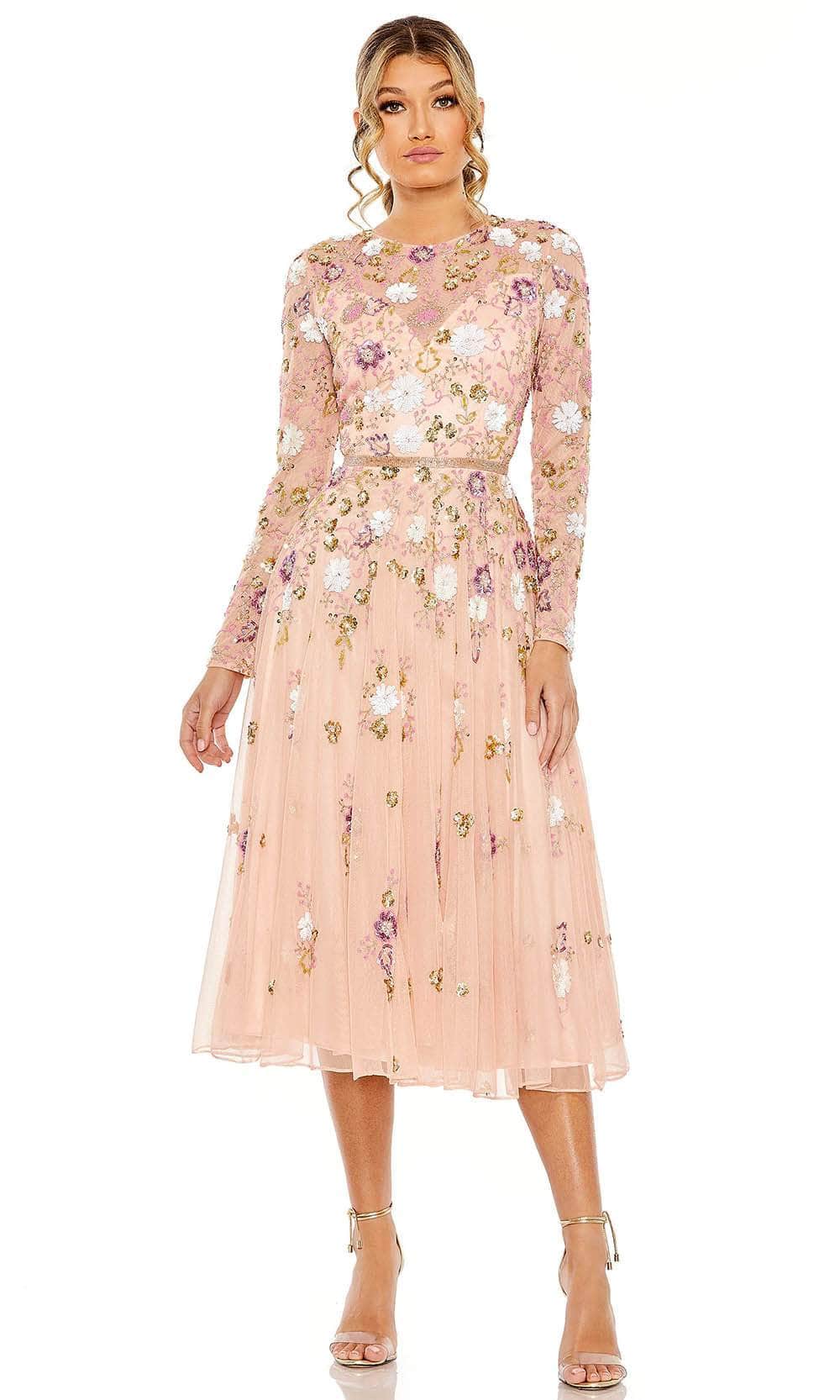 Mac Duggal - Green Sequined Floral Long Sleeve High Neck Midi Dress - US 10 Mac Duggal - Green Sequined Floral Long Sleeve High Neck Midi Dress - US 10