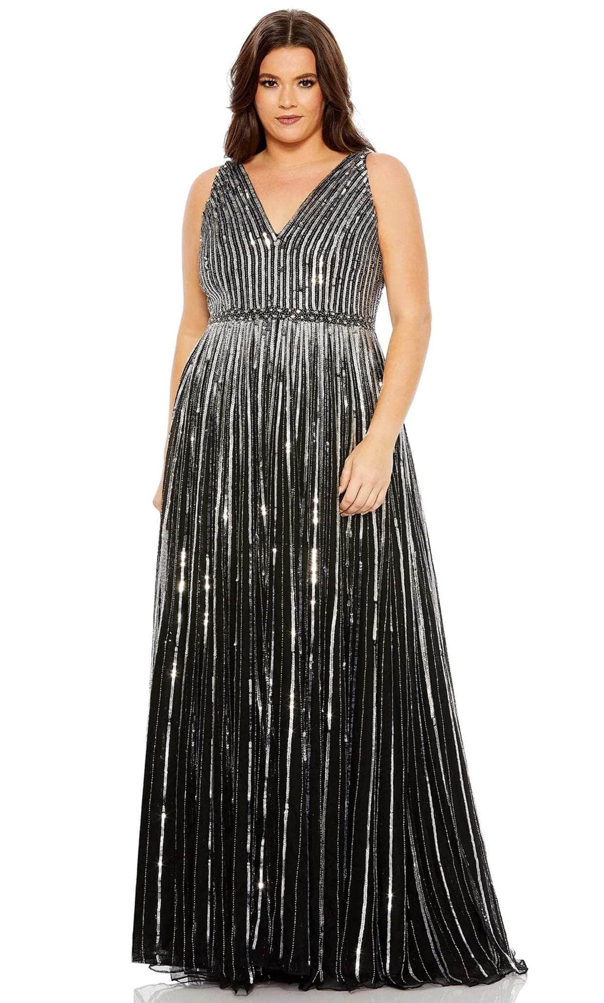 Mac Duggal 5755 - Striped Sequined Evening Dress Military Ball 14W / Black Silver