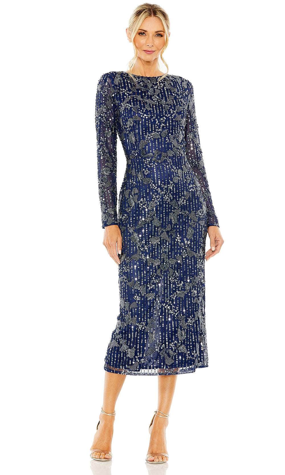 Mac Duggal 5988 - Tea Length Beaded And Embellished Sheath Dress - Sequin And Bead Embellished, Fitted, Long Sleeves, Full Back, Back Zipper, Back Slit ADASA Mac Duggal 5988 - Tea Length Beaded And Embellished Sheath Dress - Sequin And Bead Embellished, Fitted, Long Sleeves, Full Back, Back Zipper, Back Slit ADASA