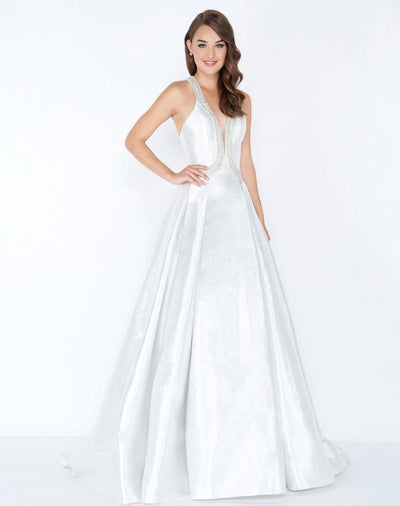 Mac Duggal - 62973M Plunging V-Neck Crystal Beaded A-Line Gown Special Occasion Dress 0 / Ice Ice Baby
