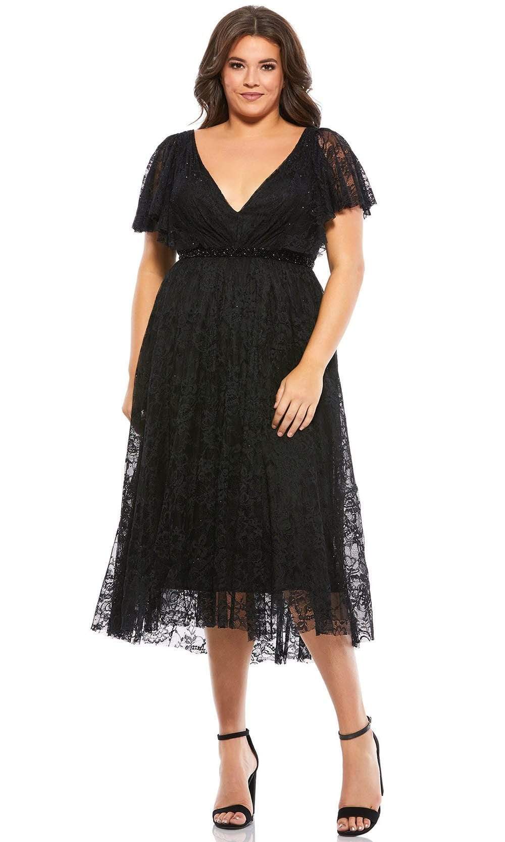Mac Duggal - 67542 Lace V Neck Tea Length Dress Cocktail Dresses 12W / Black