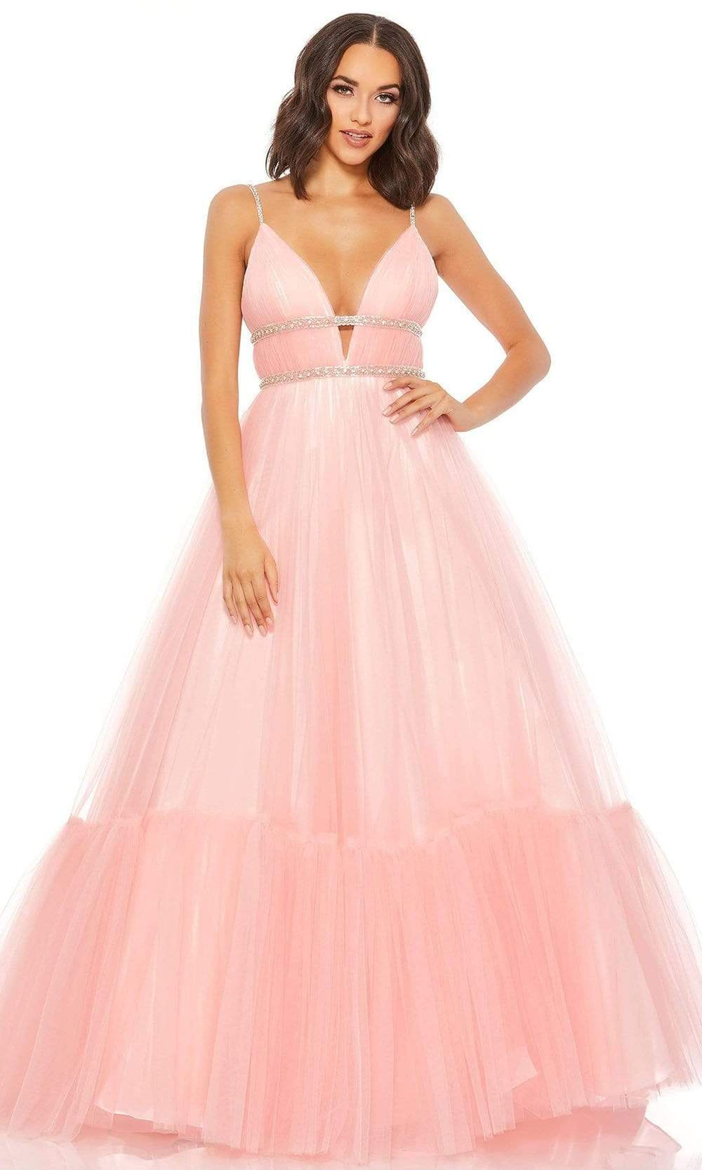 Mac Duggal - 67557 Embellished Deep V Neck Ballgown Ball Gowns 0 / Pink Sorbet