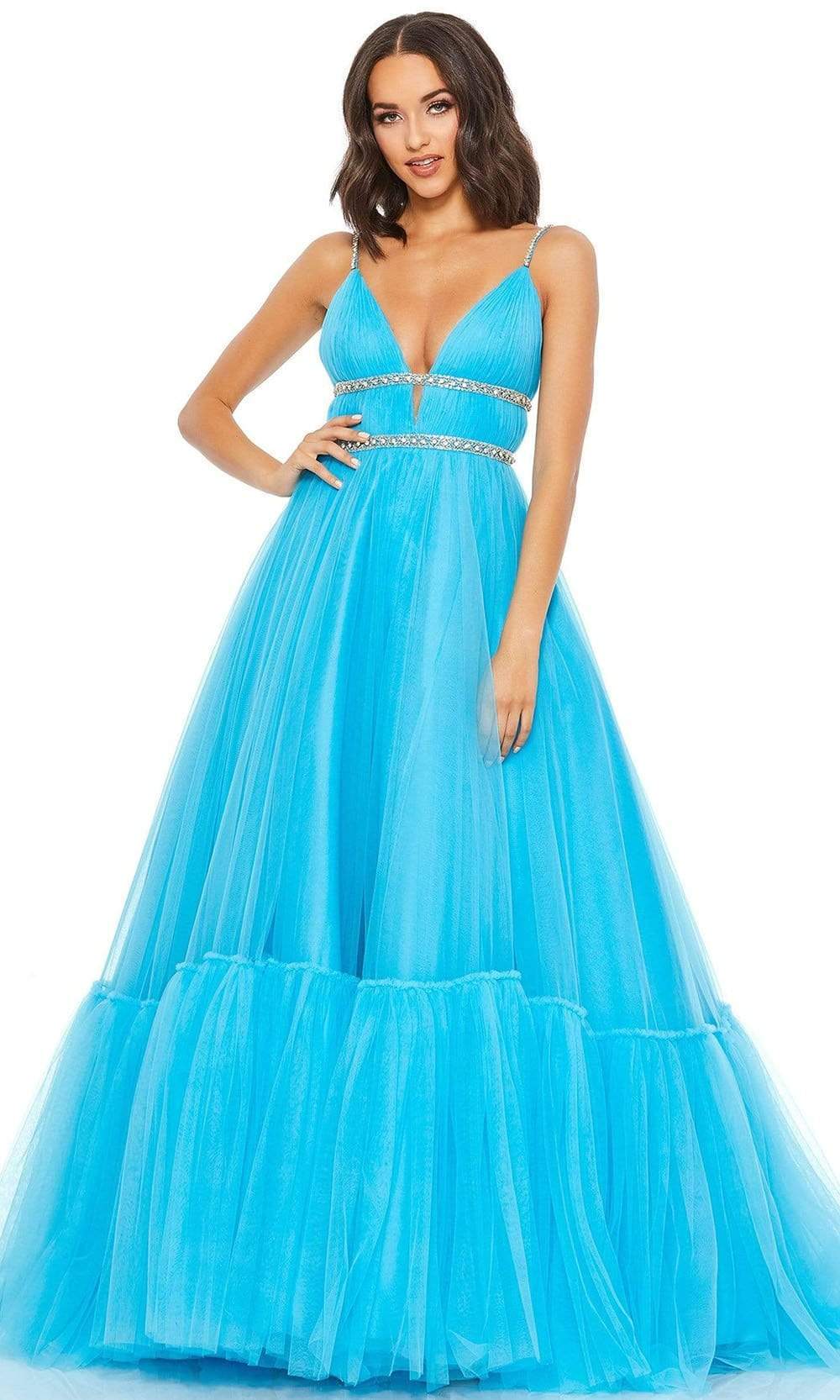 Mac Duggal - 67557 Embellished Deep V Neck Ballgown Ball Gowns 0 / Turquoise