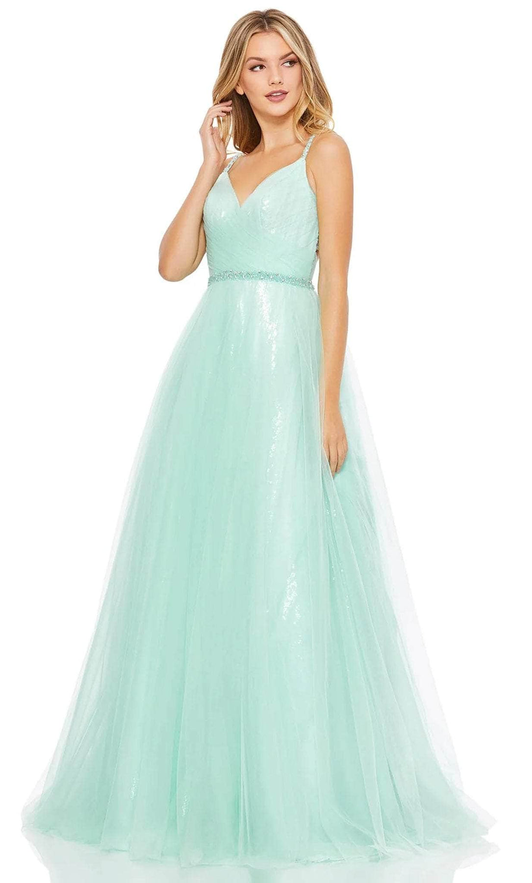 Mac Duggal 67565 - Long Tulle A-Line Dress - Sleeveless, Thin Straps, Beaded Belt, Tulle, Pleats, Full Length, Sweep Train ADASA Mac Duggal 67565 - Long Tulle A-Line Dress - Sleeveless, Thin Straps, Beaded Belt, Tulle, Pleats, Full Length, Sweep Train ADASA