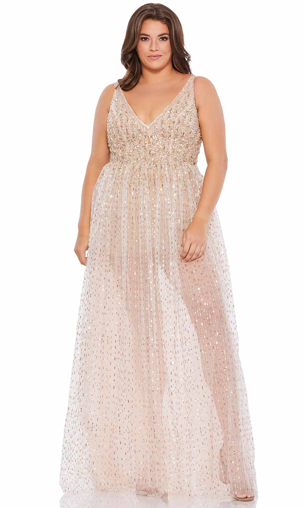 Mac Duggal 67742 - Beaded Romper With Sheer Overlay Evening Dresses 14 / Nude Gold