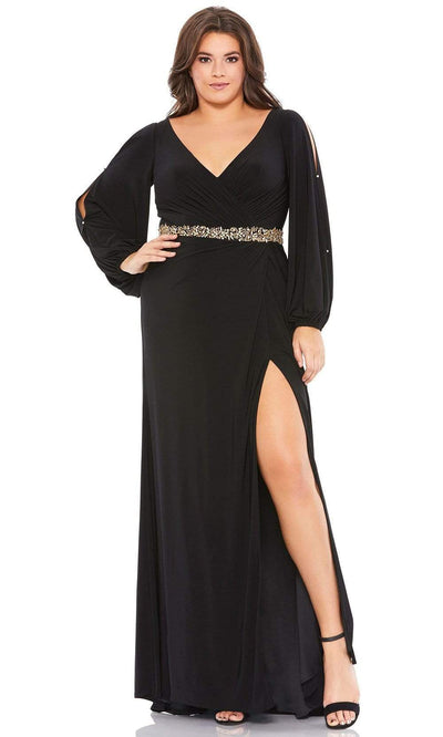 Mac Duggal 67747 - V-Neck Beaded Belt Evening Dress Evening Dresses 12W / Black