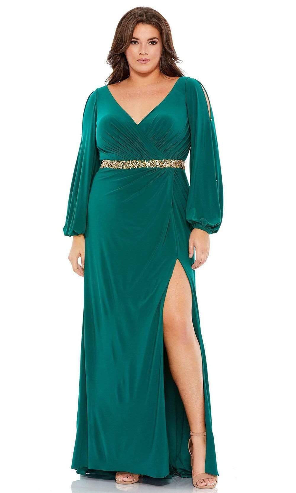 Mac Duggal 67747 - V-Neck Beaded Belt Evening Dress Evening Dresses 12W / Emerald Green