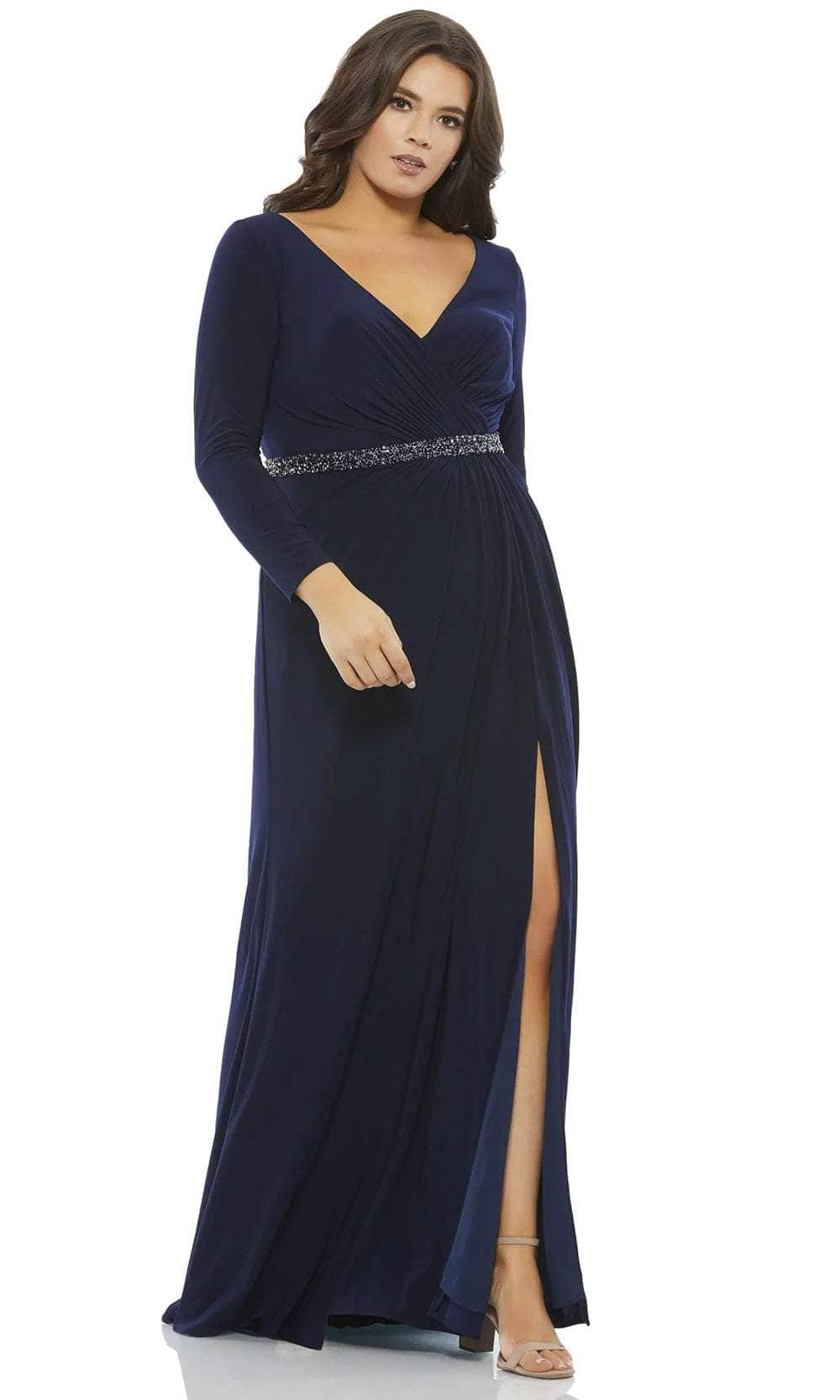 Mac Duggal 67899 - Long Sleeve V-Neck Evening Dress Evening Dresses 14W / Midnight