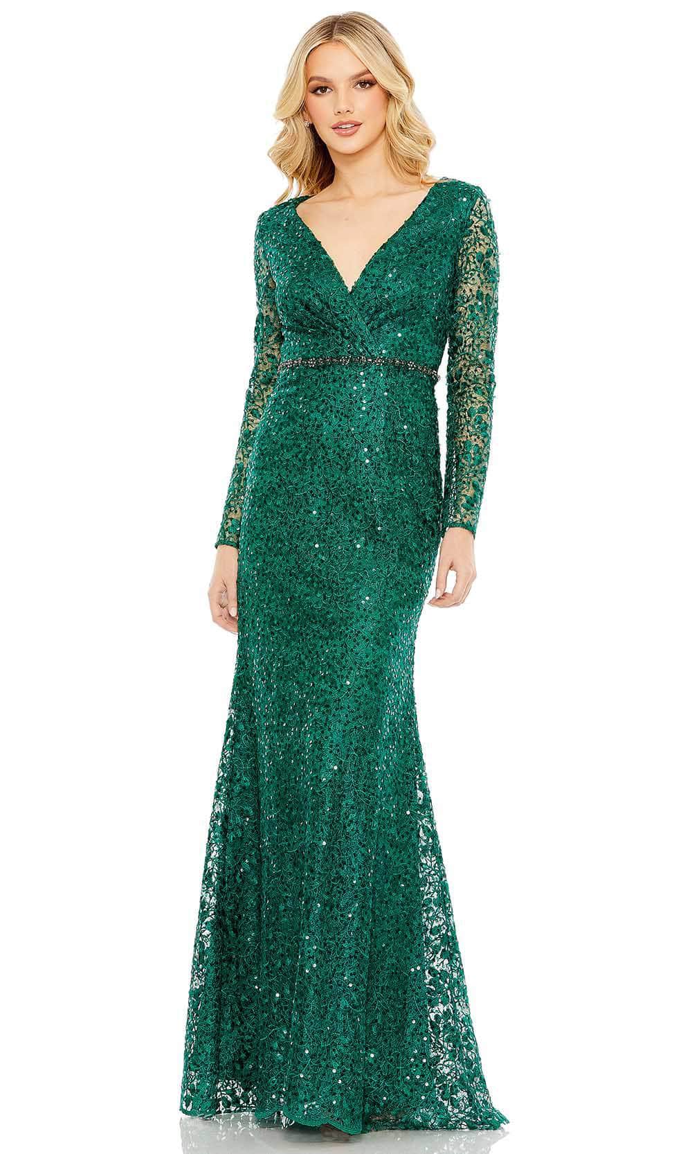 Mac Duggal 68016 - Long Sleeve Embellished Evening Gown Special Occasion Dress 2 / Emerald
