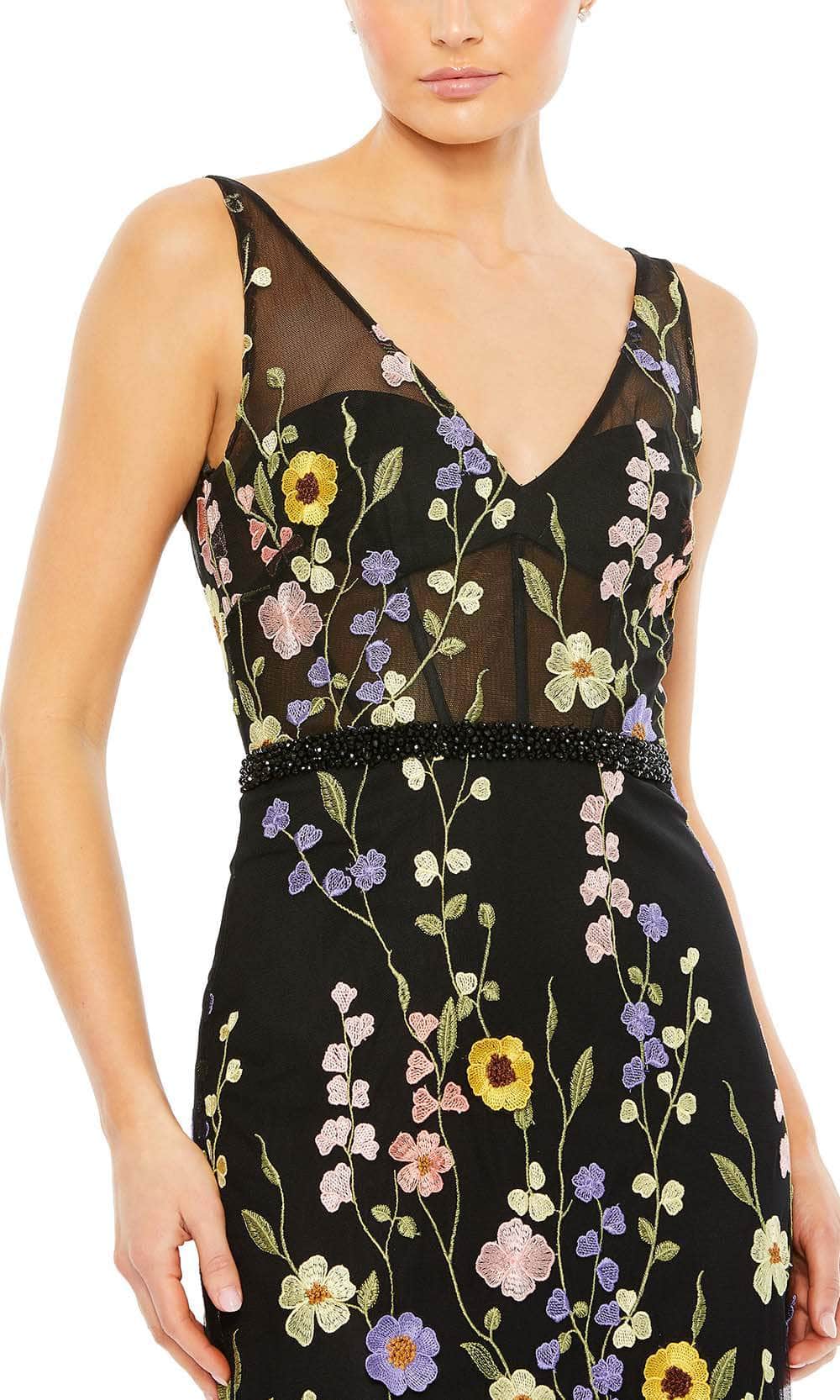 Mac Duggal 68200 - Long Sheer Floral Embroidered Overlay Sheath Dress - Sheer Bodice, Floral Stitched, High V Back, Back Zipper, Sleeveless, Embellished Waist, Light Train, Fully Lined ADASA Mac Duggal 68200 - Long Sheer Floral Embroidered Overlay Sheath Dress - Sheer Bodice, Floral Stitched, High V Back, Back Zipper, Sleeveless, Embellished Waist, Light Train, Fully Lined ADASA