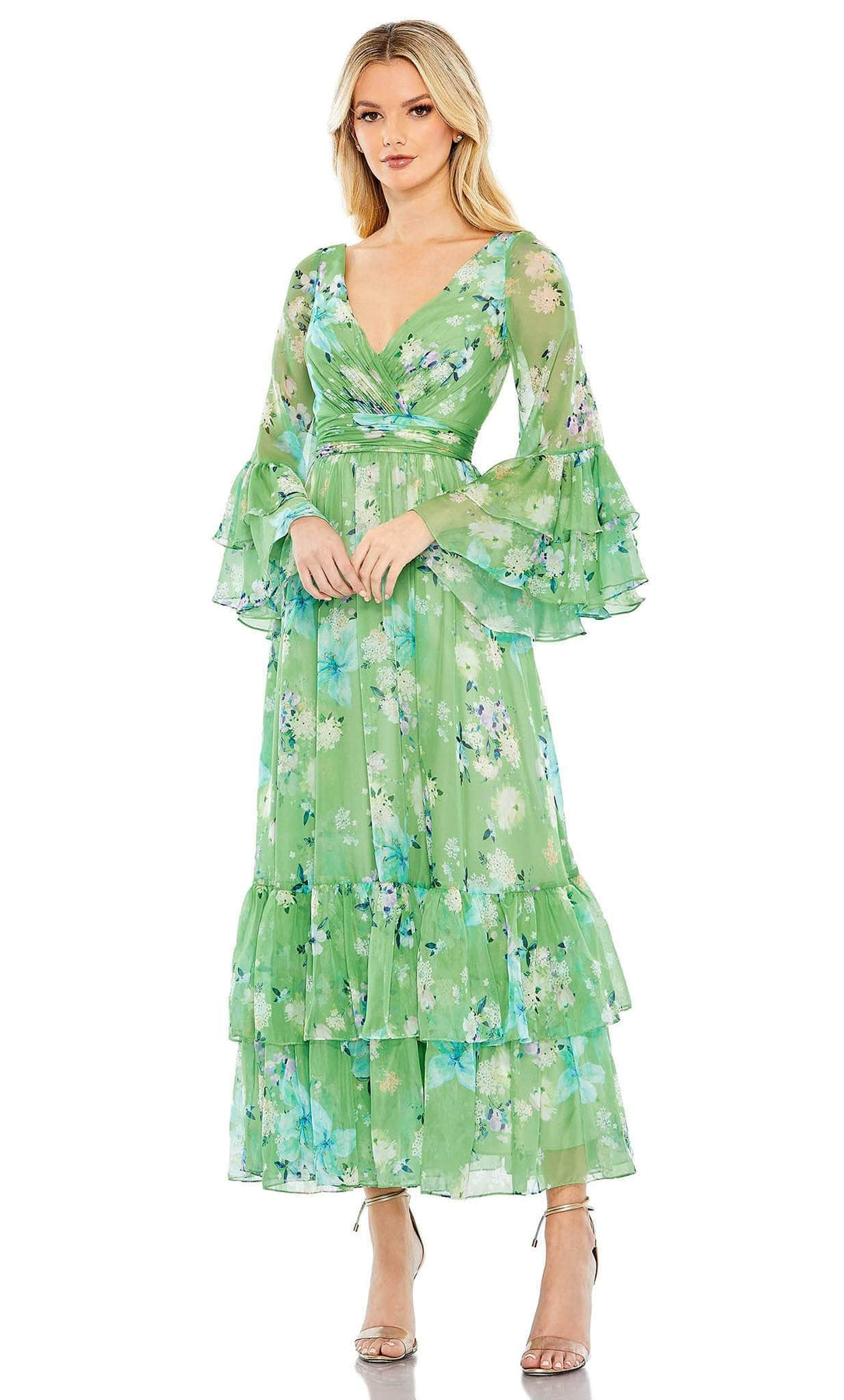 Mac Duggal 68257 - Tea Length Printed Chiffon A-Line Dress - Fully Lined, Ruching, Flounce Bell Sleeves, Ruffle Tiered Skirt, Tea Length Hem ADASA Mac Duggal 68257 - Tea Length Printed Chiffon A-Line Dress - Fully Lined, Ruching, Flounce Bell Sleeves, Ruffle Tiered Skirt, Tea Length Hem ADASA