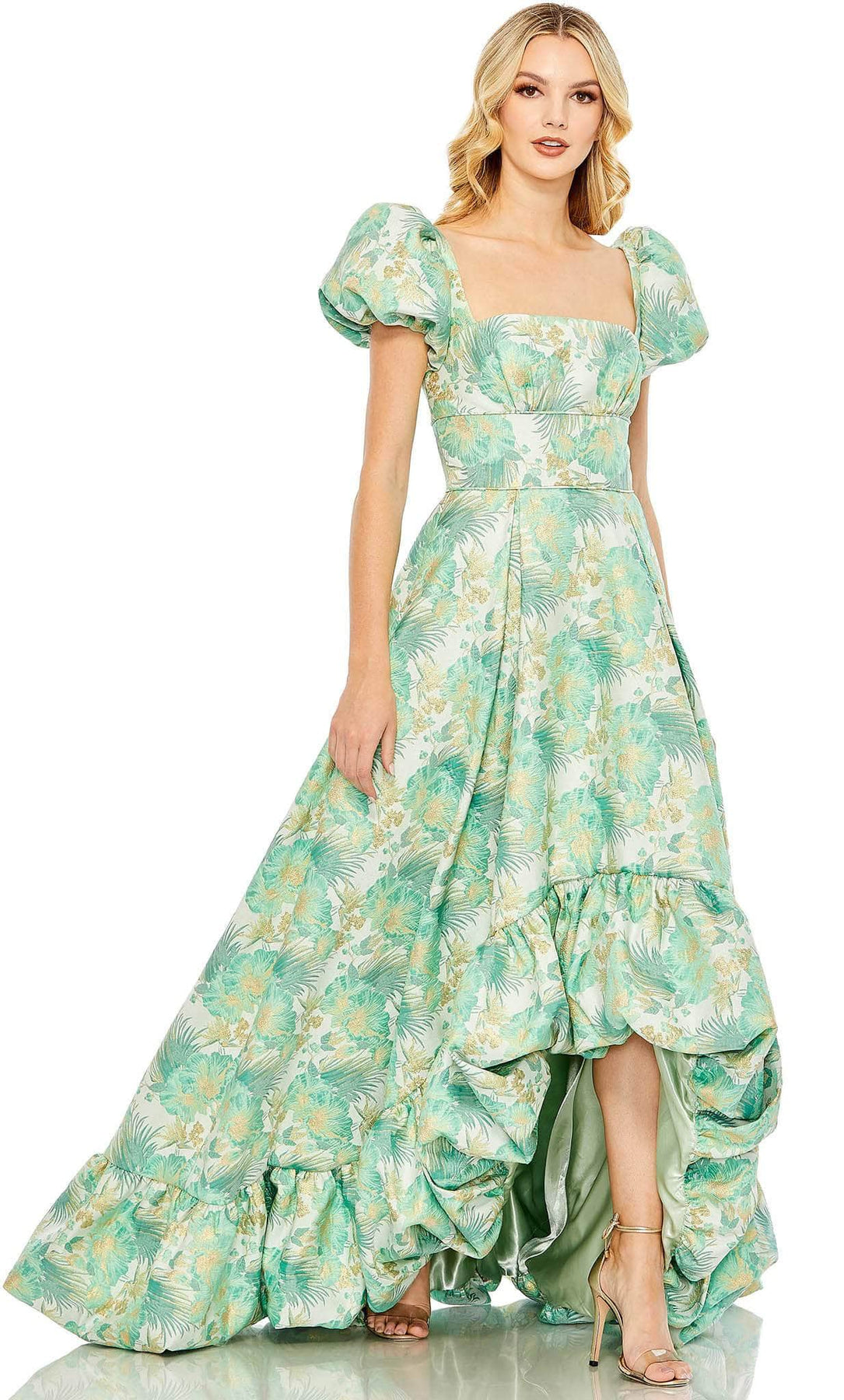 Mac Duggal 68276 - High Low Floral Brocade A-Line Dress - Short Puff Sleeves, Floral Printed, Seams, Puff Hem, Back Zipper Closure, Mid Open Back ADASA Mac Duggal 68276 - High Low Floral Brocade A-Line Dress - Short Puff Sleeves, Floral Printed, Seams, Puff Hem, Back Zipper Closure, Mid Open Back ADASA