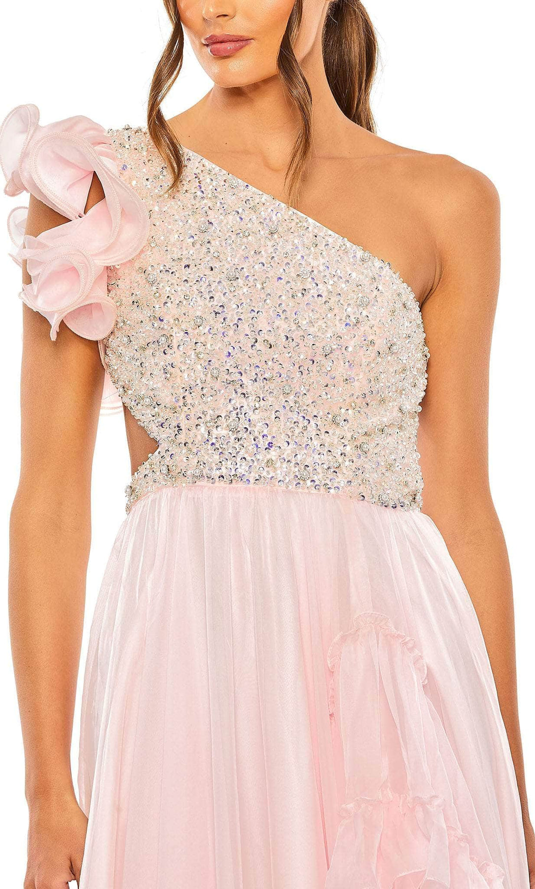Mac Duggal 68480 - Long A-Line Dress - Rosette Sleeve, One Shoulder, Sequins, Side Cut Out, Chiffon Skirt, High Slit, Ruffled Hem, Strappy Open Back ADASA Mac Duggal 68480 - Long A-Line Dress - Rosette Sleeve, One Shoulder, Sequins, Side Cut Out, Chiffon Skirt, High Slit, Ruffled Hem, Strappy Open Back ADASA