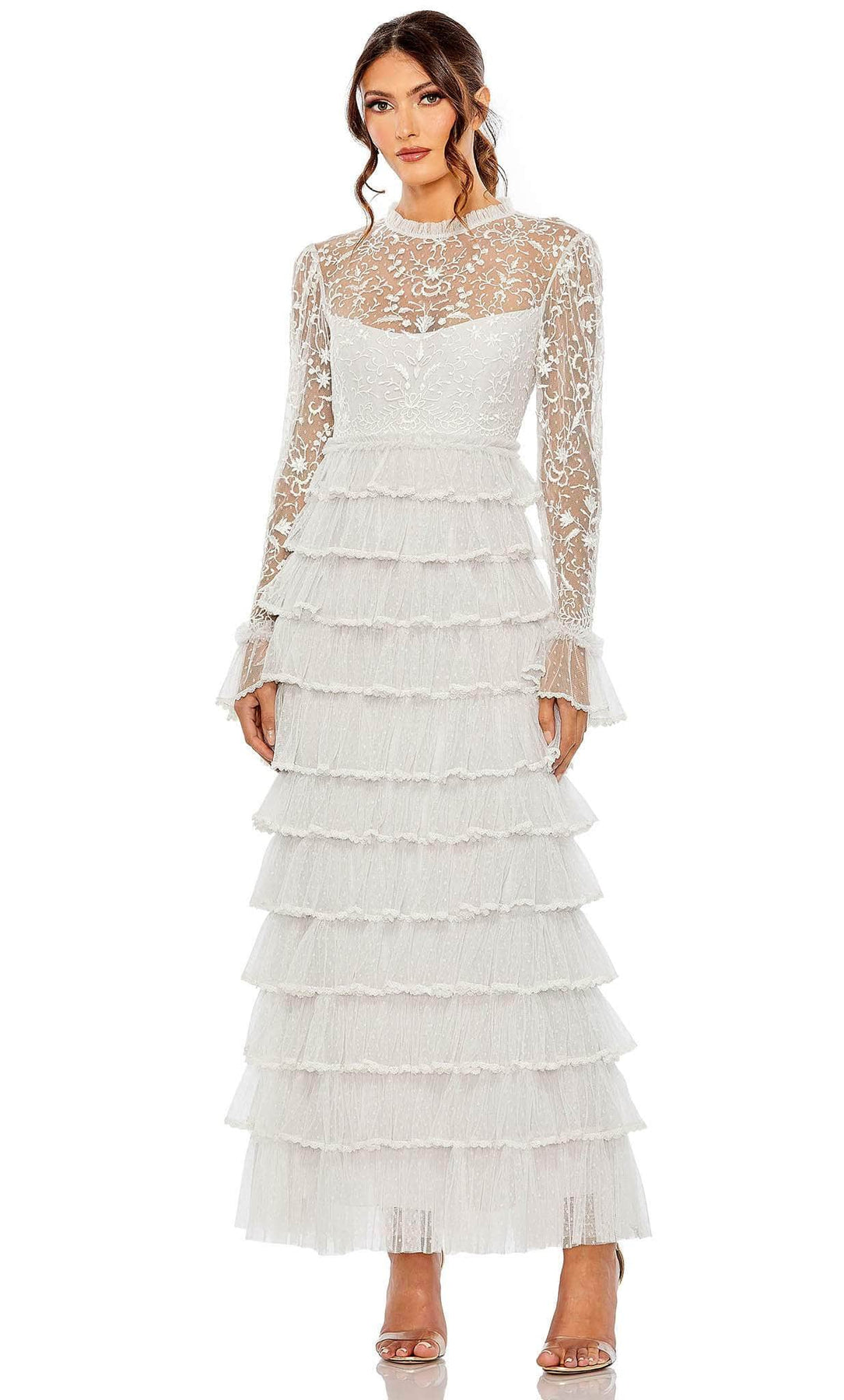 mac duggal white dress long sleeve Mac Duggal 11241 Long Sleeve Embroidered Dress