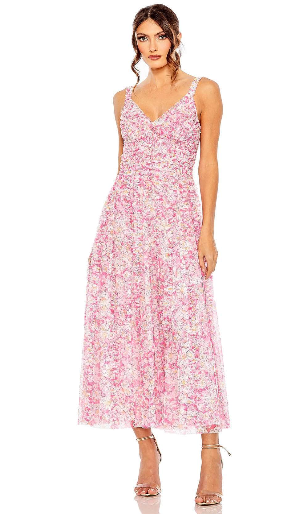 Mac Duggal 8012 - V-Neck Floral A-line Long Dress Evening Dresses 2 / Pink Multi