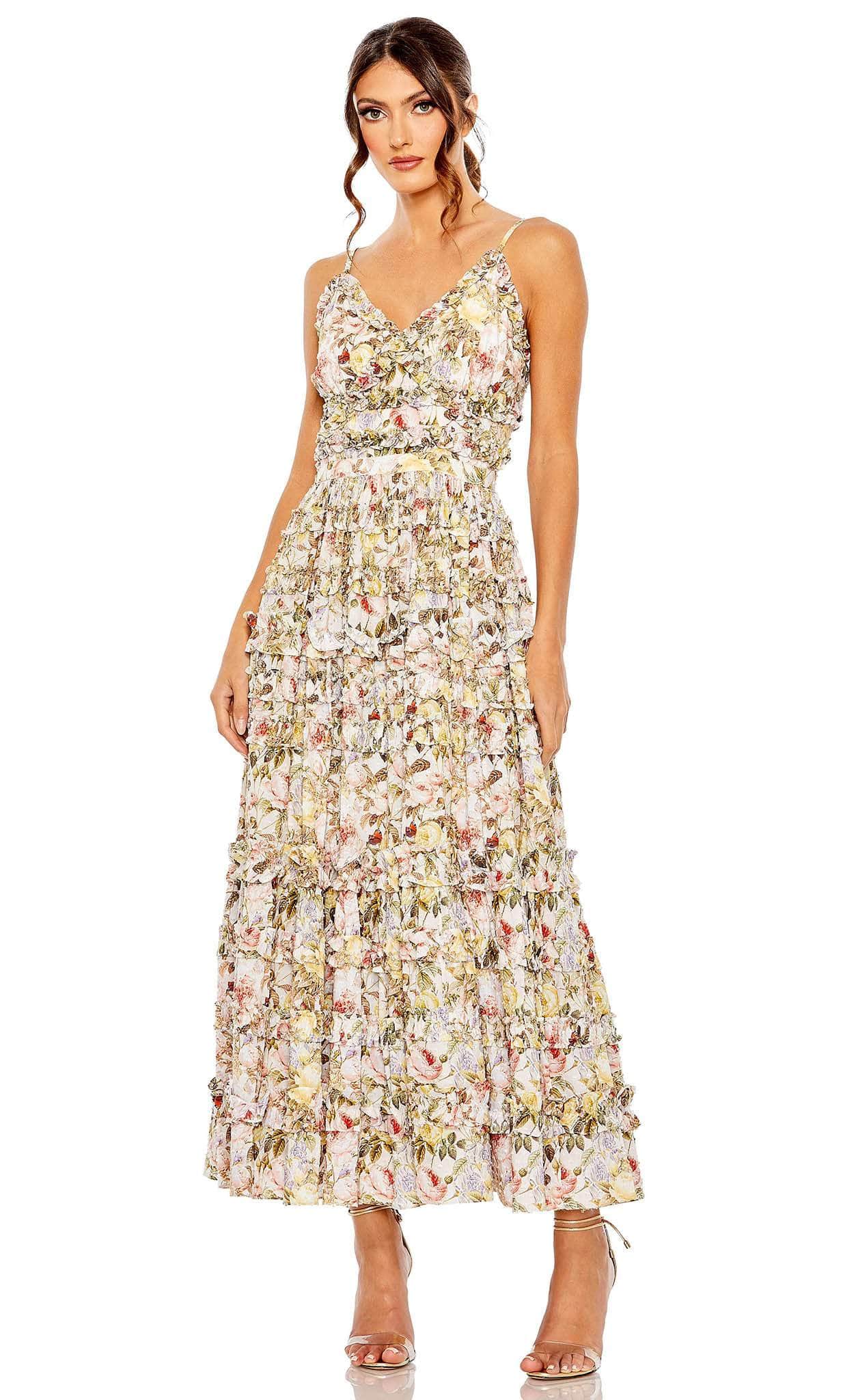 Mac Duggal 8026 - Floral Ruffled Detail Long Dress Evening Dresses 0 / Ivory Multi