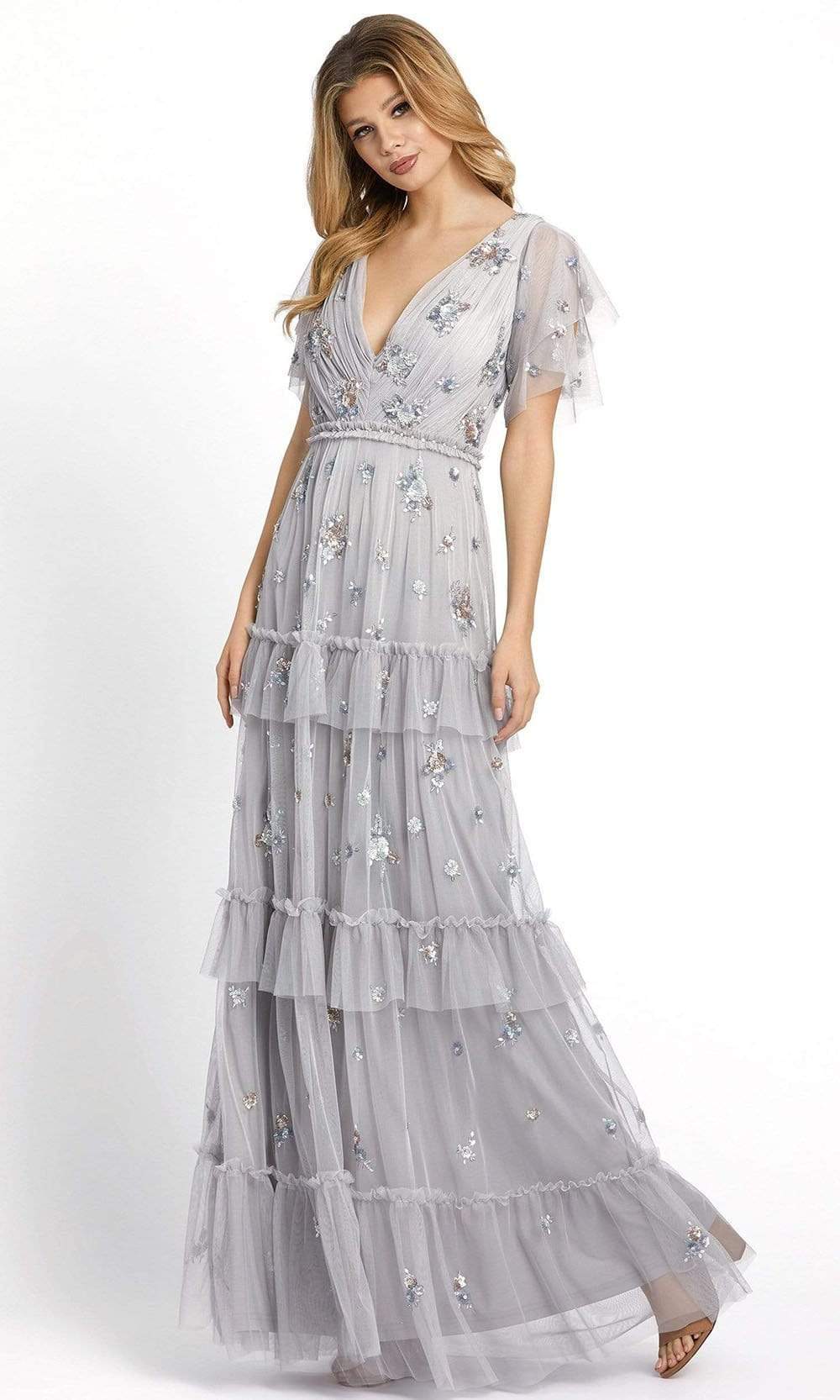 Mac Duggal - 9068 Embellished Deep V Neck A-Line Gown Prom Dresses 0 / Platinum