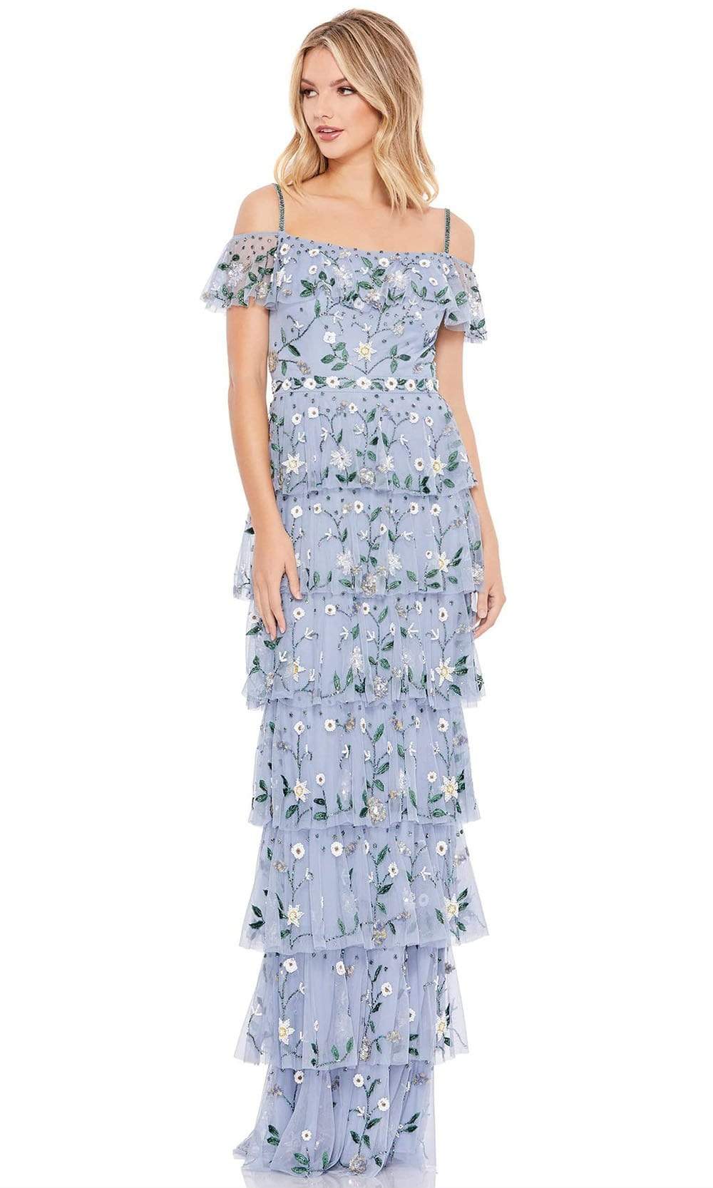 Mac Duggal - 9069 Embellished Off Shoulder Tiered Dress Evening Dresses 0 / Stormy Blue