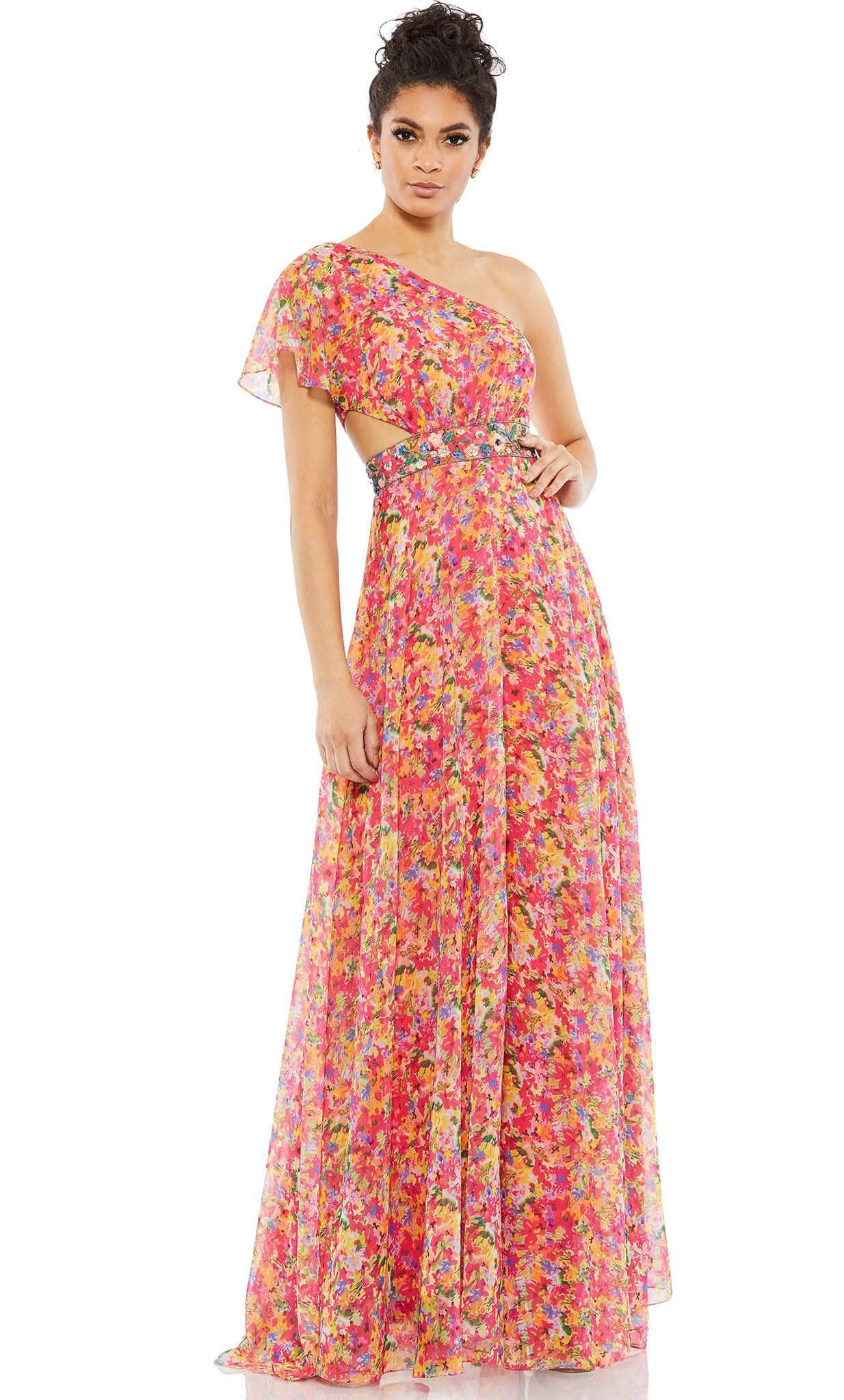 Mac Duggal 9157 - Asymmetric Neck Floral Print Long Gown Evening Dresses 0 / Pink Multi