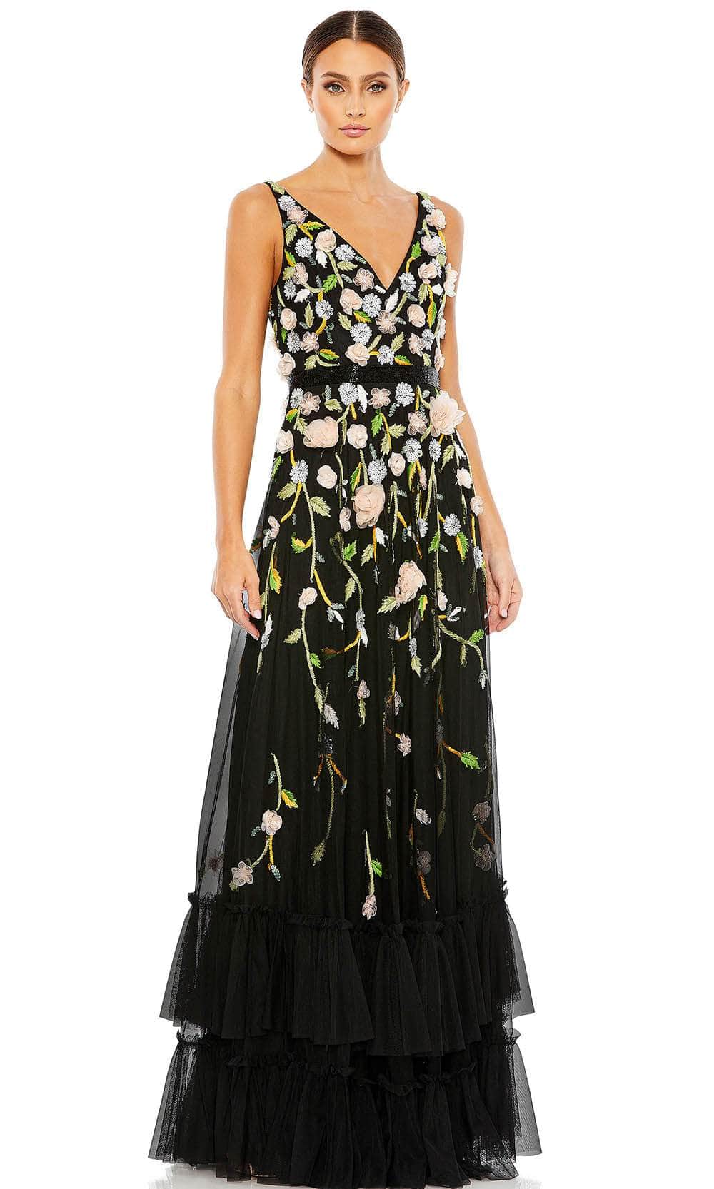 Mac Duggal 9171 - Floral Appliqued A-Line Evening Gown Special Occasion Dress 0 / Black Peach