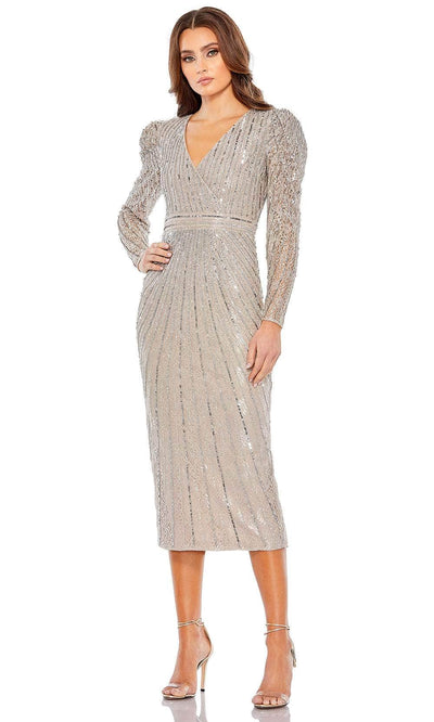 Mac Duggal 93676 - Stripe Beaded Sheath Cocktail Dress Special Occasion Dress 0 / Taupe