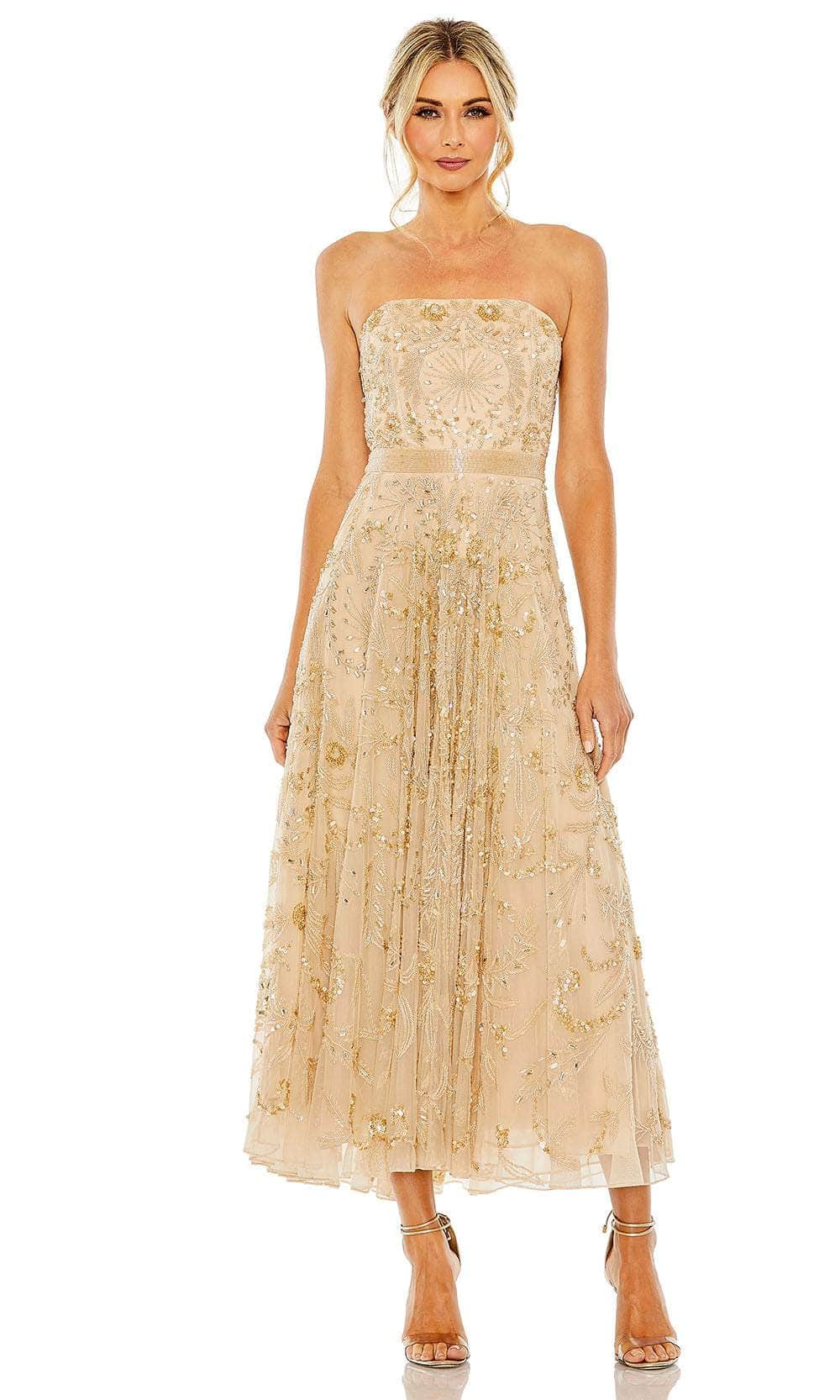 mac duggal champagne dress Mac Duggal Strapless Beaded Trumpet Gown With Feathers