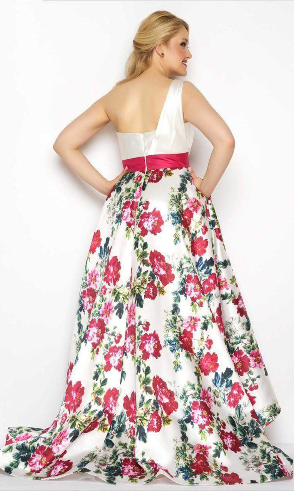 Mac Duggal - Sleeveless One Shoulder Floral Print A-Line Gown 65973FSC In White and Multicolor