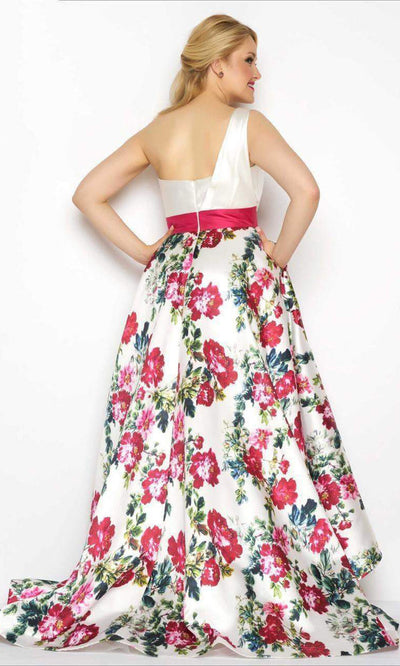 Mac Duggal - Sleeveless One Shoulder Floral Print A-Line Gown 65973FSC In White and Multicolor