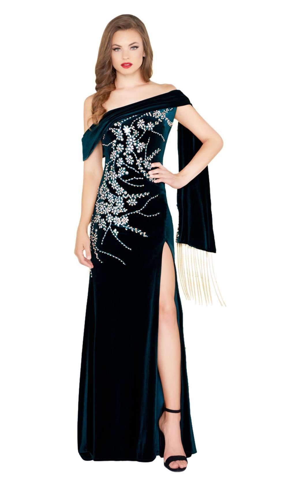 Mac Duggal Black White Red - 12186R Jeweled Asymmetric Velvet Dress Evening Dresses 4 / Deep Emerald