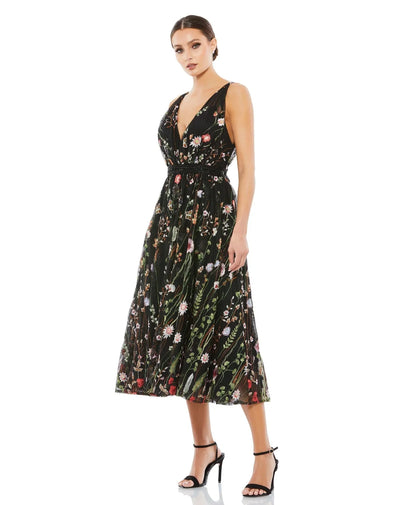 Mac Duggal Cocktail - 26557D V-Neck Tea-Length Dress Holiday Dresses 0 / Black Multi