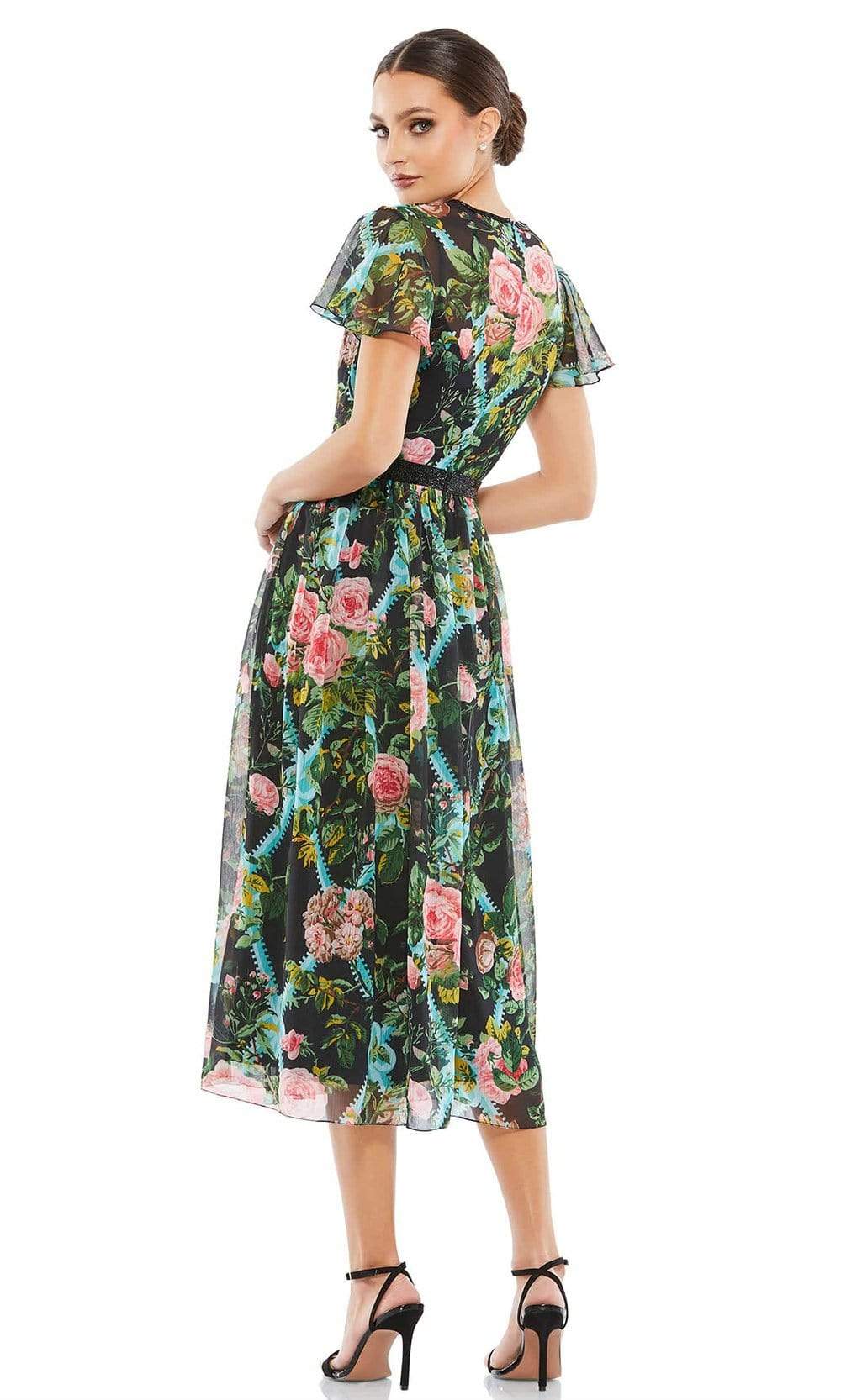 Mac Duggal Cocktail - 9149D Short Sleeve Beaded Waist Floral Dress Special Occasion Dress