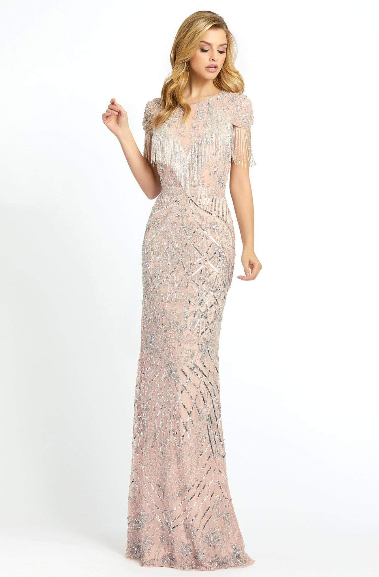 Mac Duggal Couture - 4715D Crystal Beaded Jewel Neck Sheath Dress Pageant Dresses 4 / Platinum