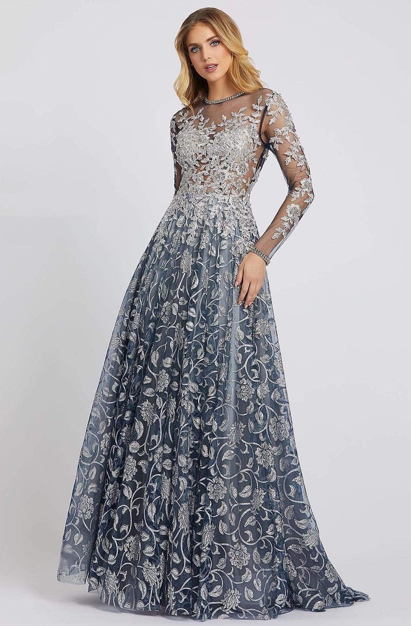 Mac Duggal Evening - 12233D Long Sleeve Floral Embroidered Gown Formal Gowns 0 / Silver