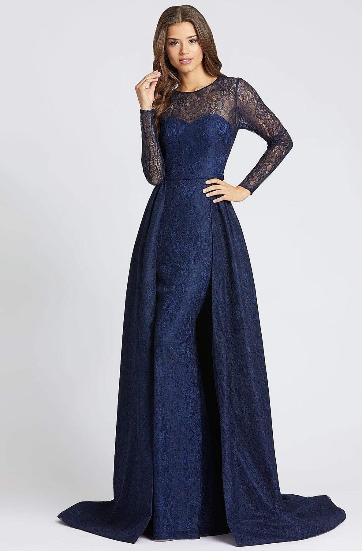 Mac Duggal Evening - 12356D Lace Long Sleeve Dress With Overskirt Evening Dresses 0 / Navy