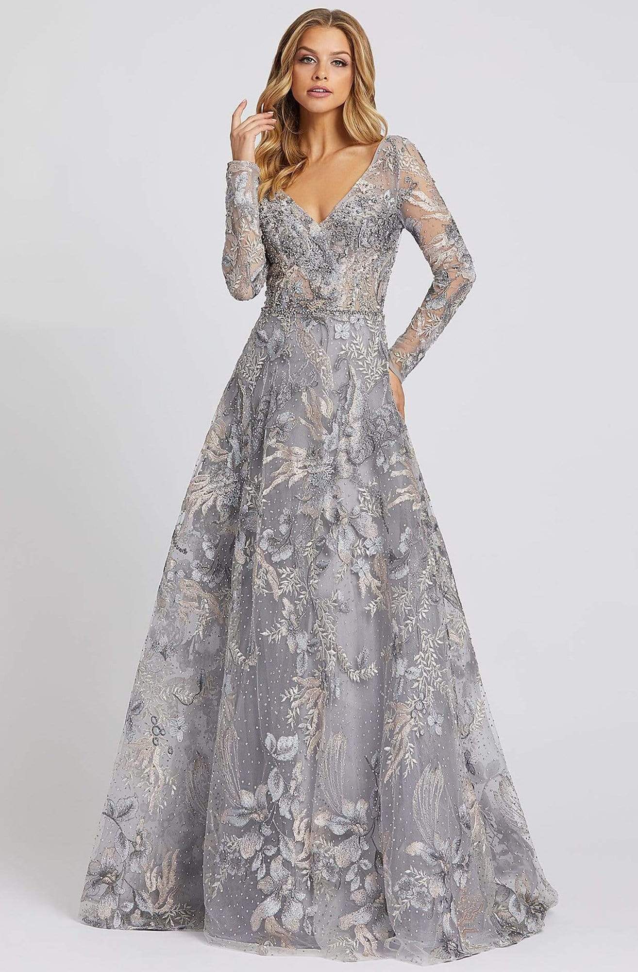 Mac Duggal Evening - 20214D Illusion Long Sleeve Embroidered Gown Evening Dresses 0 / Gray/Multi-Color