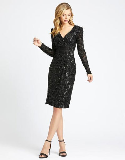 Mac Duggal Evening - 4632D Puffed Long Sleeve Sequined Surplice Dress Special Occasion Dress 0 / Black