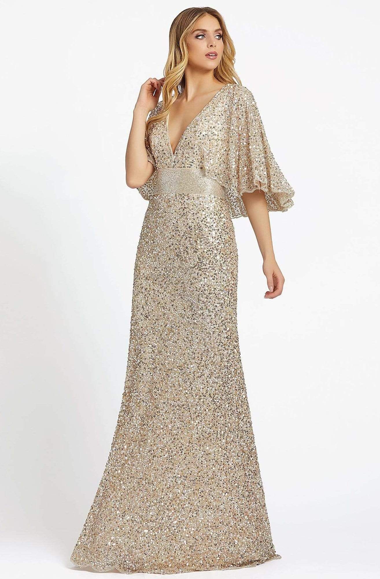 Mac Duggal Evening - 4808D Cape Sleeve Deep V-Neck Sequined Gown Special Occasion Dress 0 / Nude/Gold