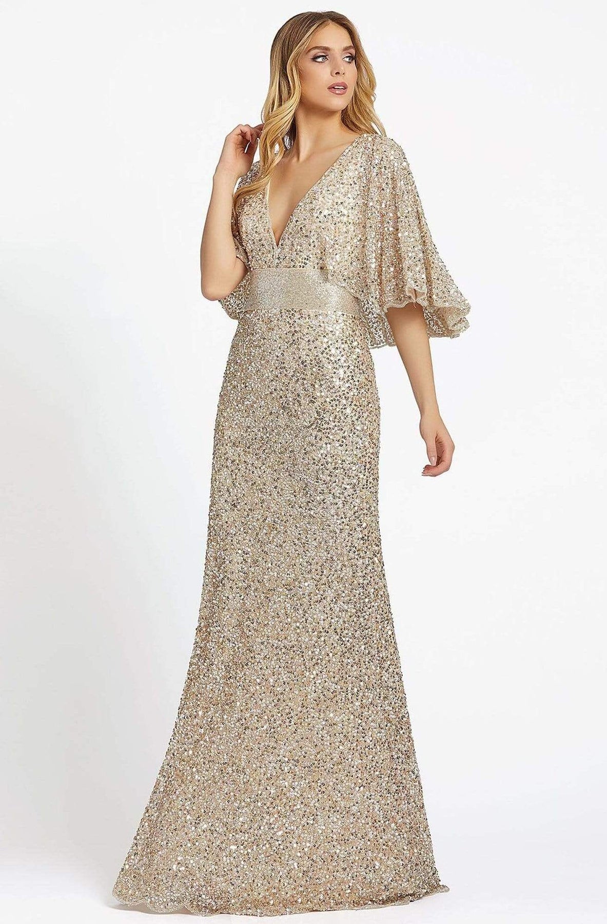 Mac Duggal 4808 - Long Sheath Dress - Sequined, Quarter Cape Sleeves, Beaded Empire Waist, Full Back, Back Zipper Closure, Scalloped Hem, Sweep Train ADASA Mac Duggal 4808 - Long Sheath Dress - Sequined, Quarter Cape Sleeves, Beaded Empire Waist, Full Back, Back Zipper Closure, Scalloped Hem, Sweep Train ADASA